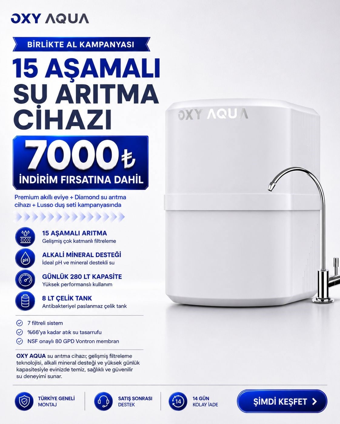 OXY AQUA Premium Akıllı Eviye Lusso Duş Seti Diamond Su Arıtma Cihazı Birlikte