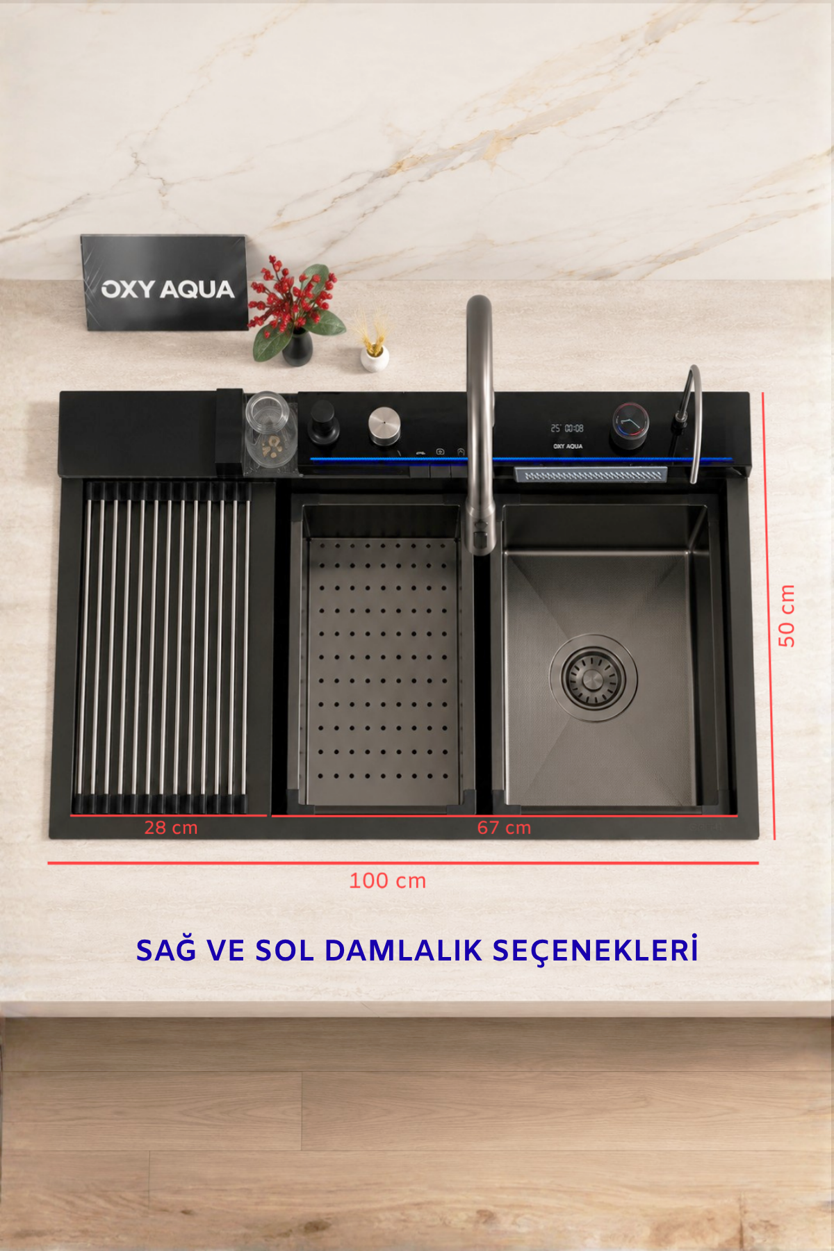 Vega 100x50 cm Sağ ve Sol Damlalıklı Akıllı Teknolojik Eviye Seti Paslanmaz Bal Peteği Taban Akıllı Evye