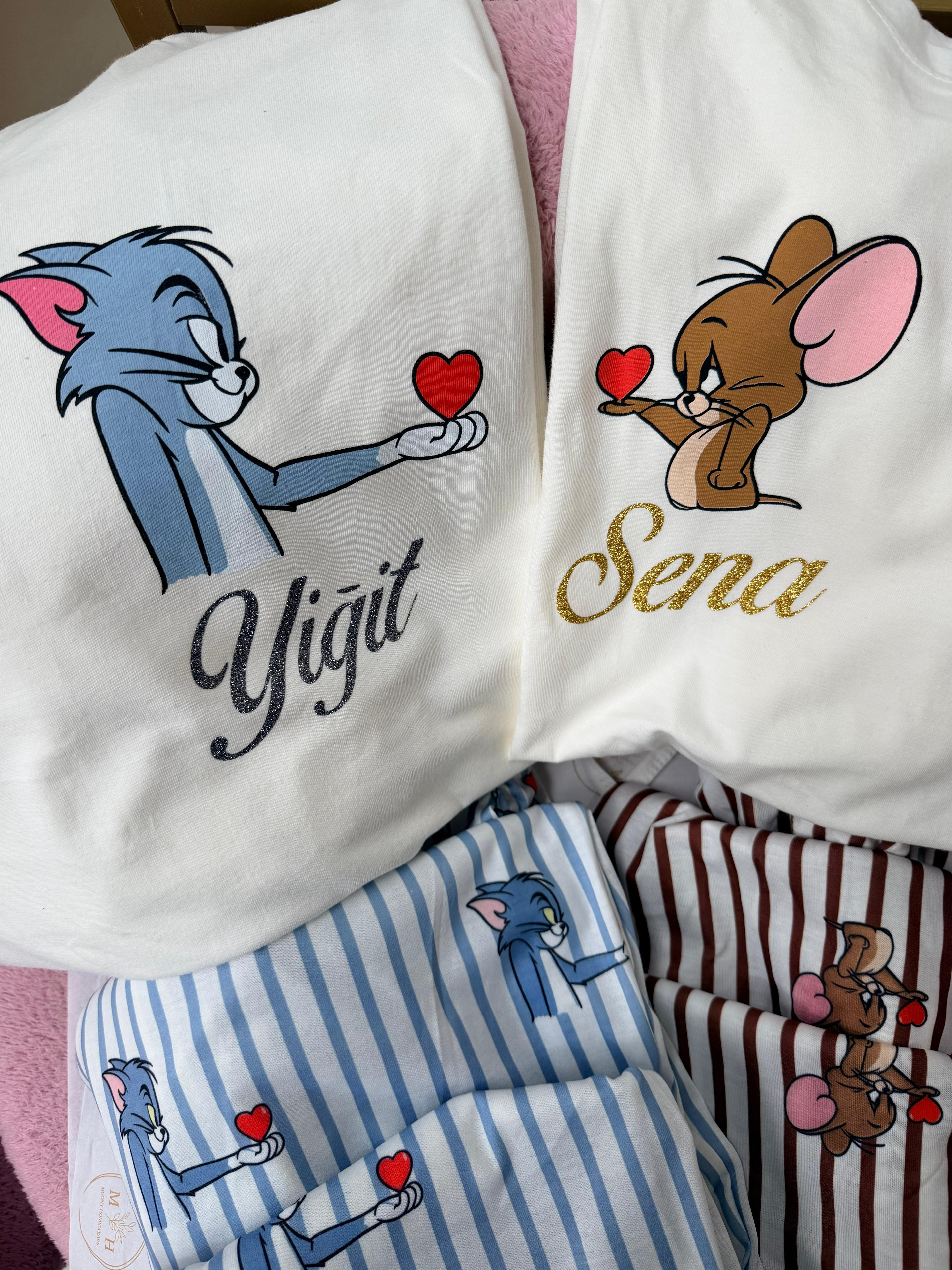  İsme Özel Tom Jerry Aşk Çift Pijaması 