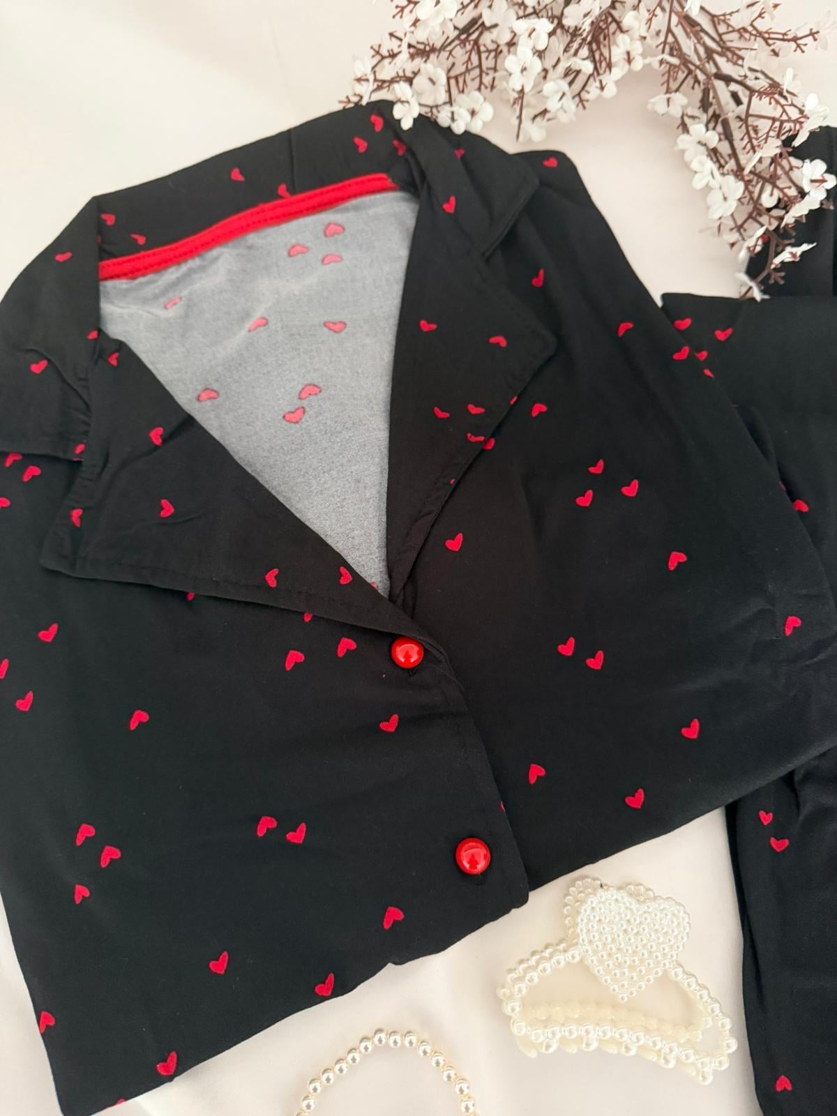 Kısa Kol Kırmızı Kalp Düğmeli Pijama Takımı