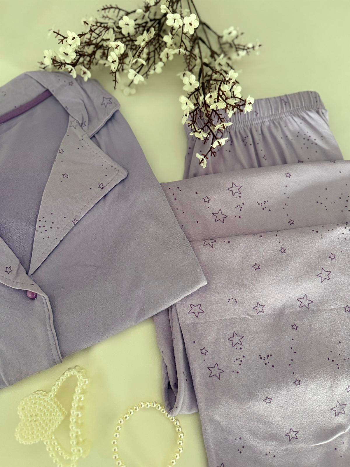 Kısa Kol Lila Yıldız Düğmeli Pijama Takımı