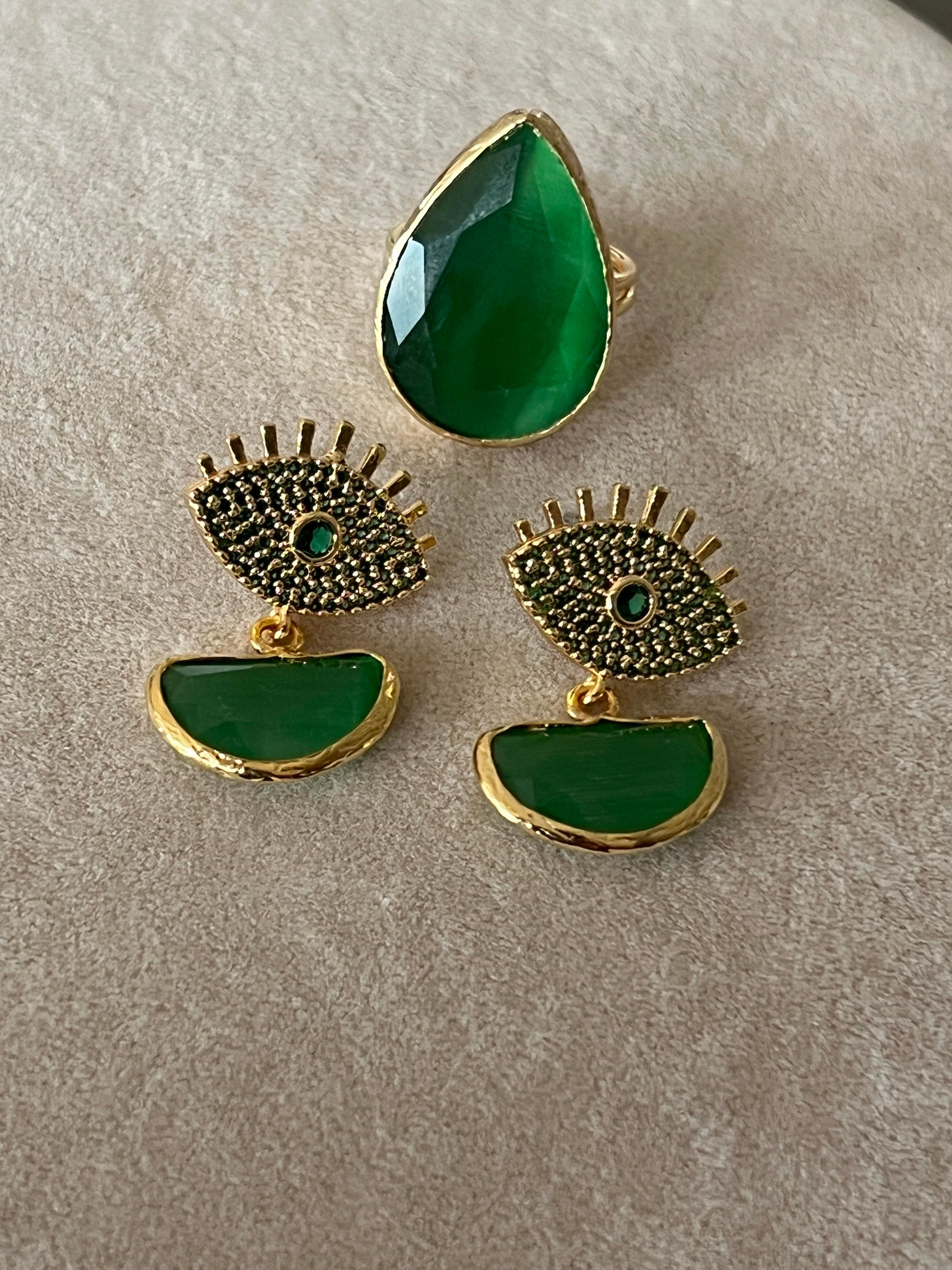 Cat Eye Küpe ve Yüzük  Seti
