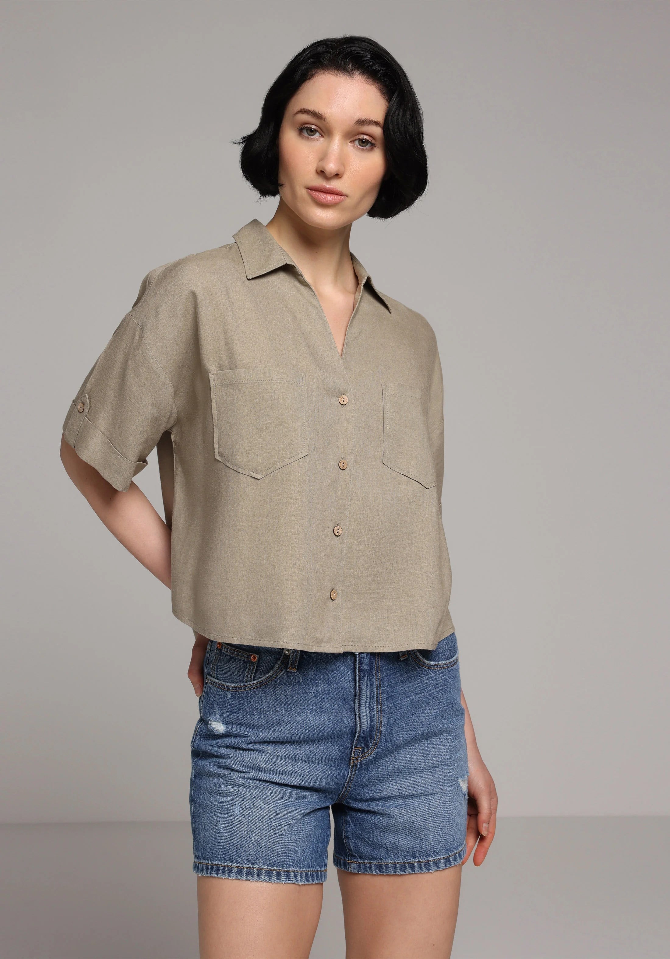 DOKUMA ÜST KADIN KISA KOL GÖMLEK Fashion Fit