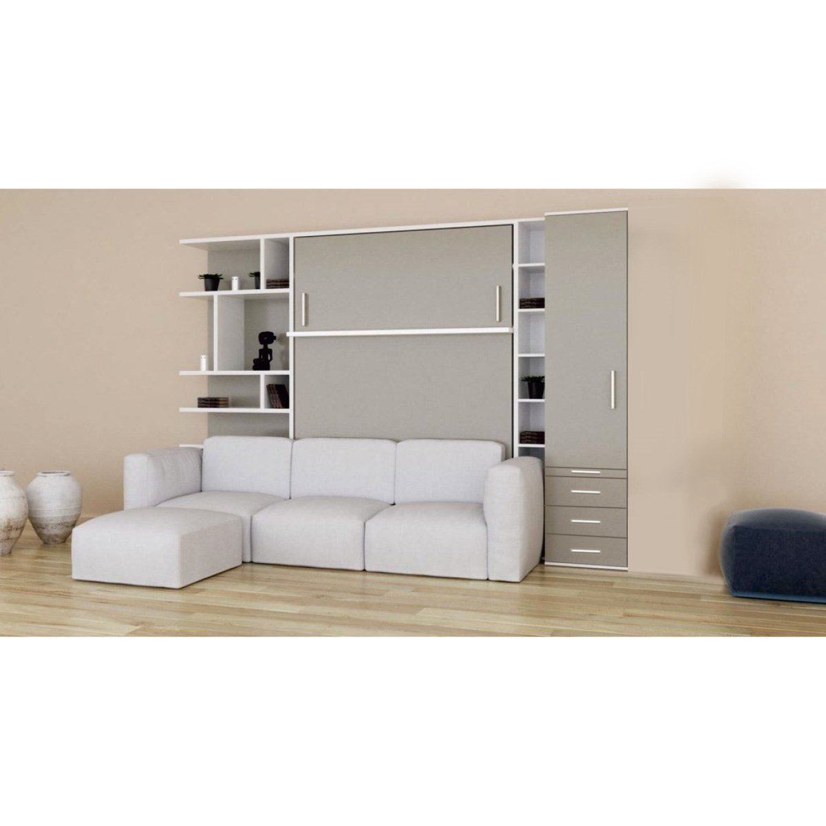 140*190 Dik Açılır Somyalı Kitaplıklı Dolaplı ve Köşe Koltuklu