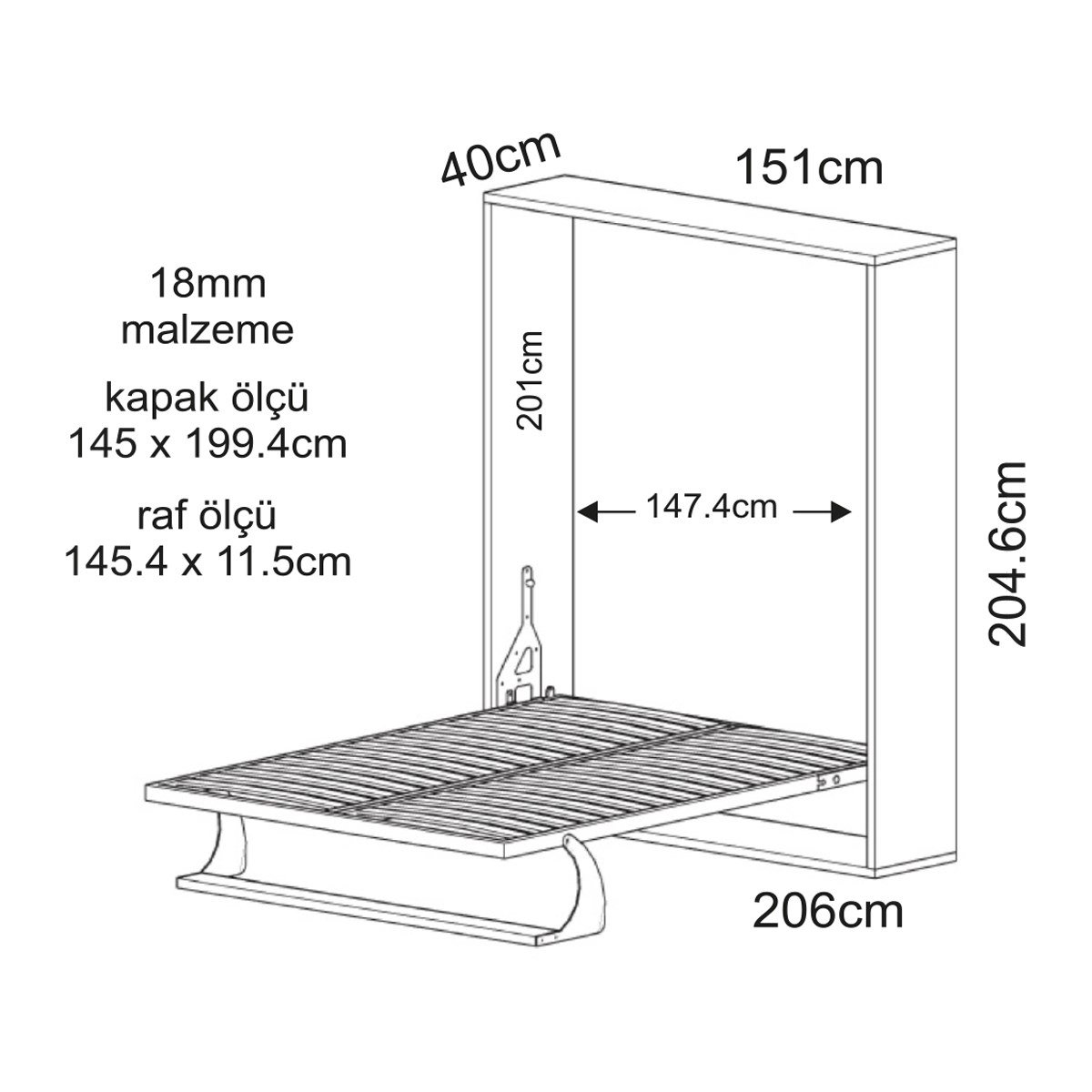 140*190 Dik Açılır Somyalı Mekanizma Raflı