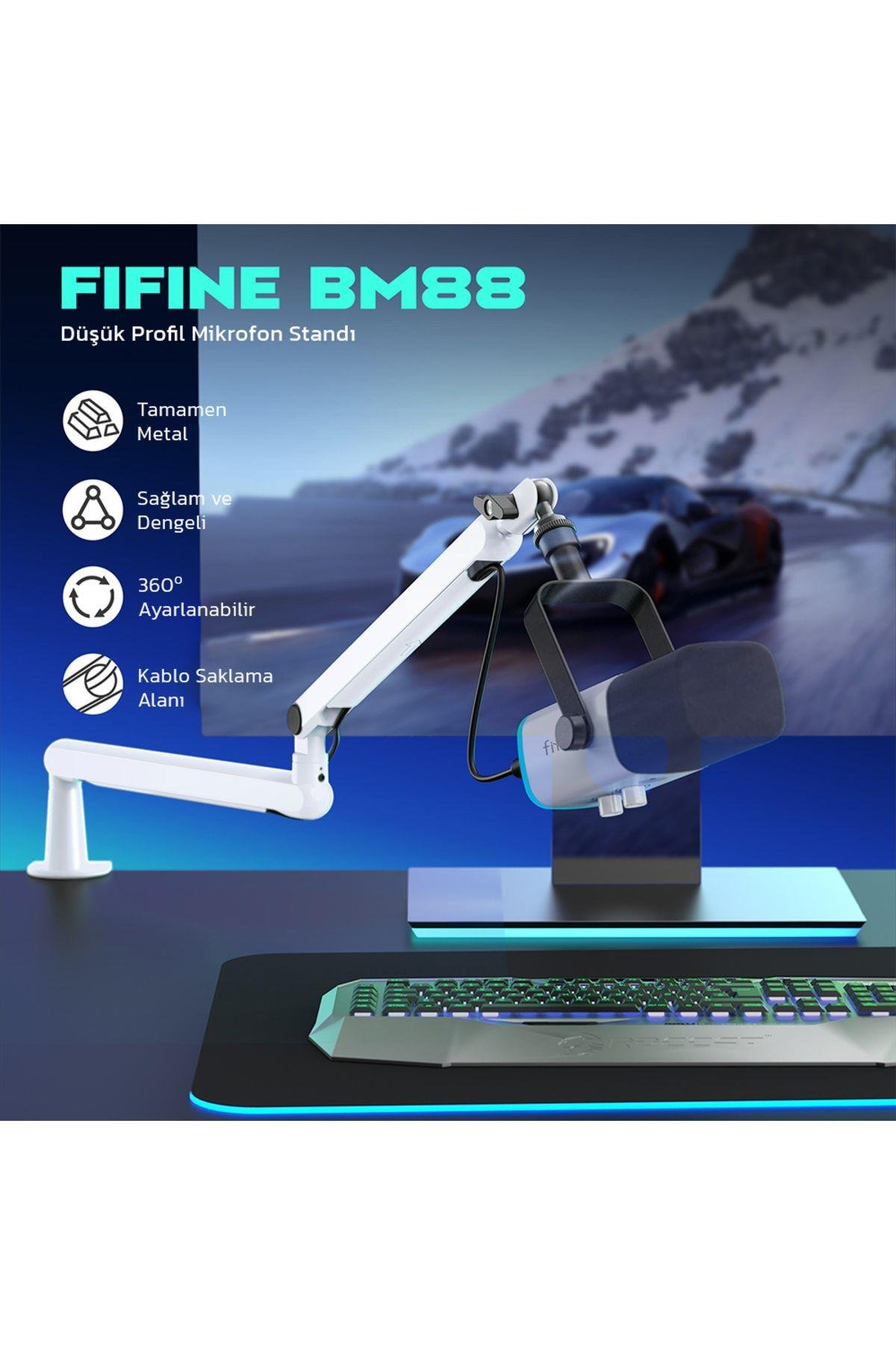 BM88W- Fifine Düşük Profil Beyaz Mikrofon Stand