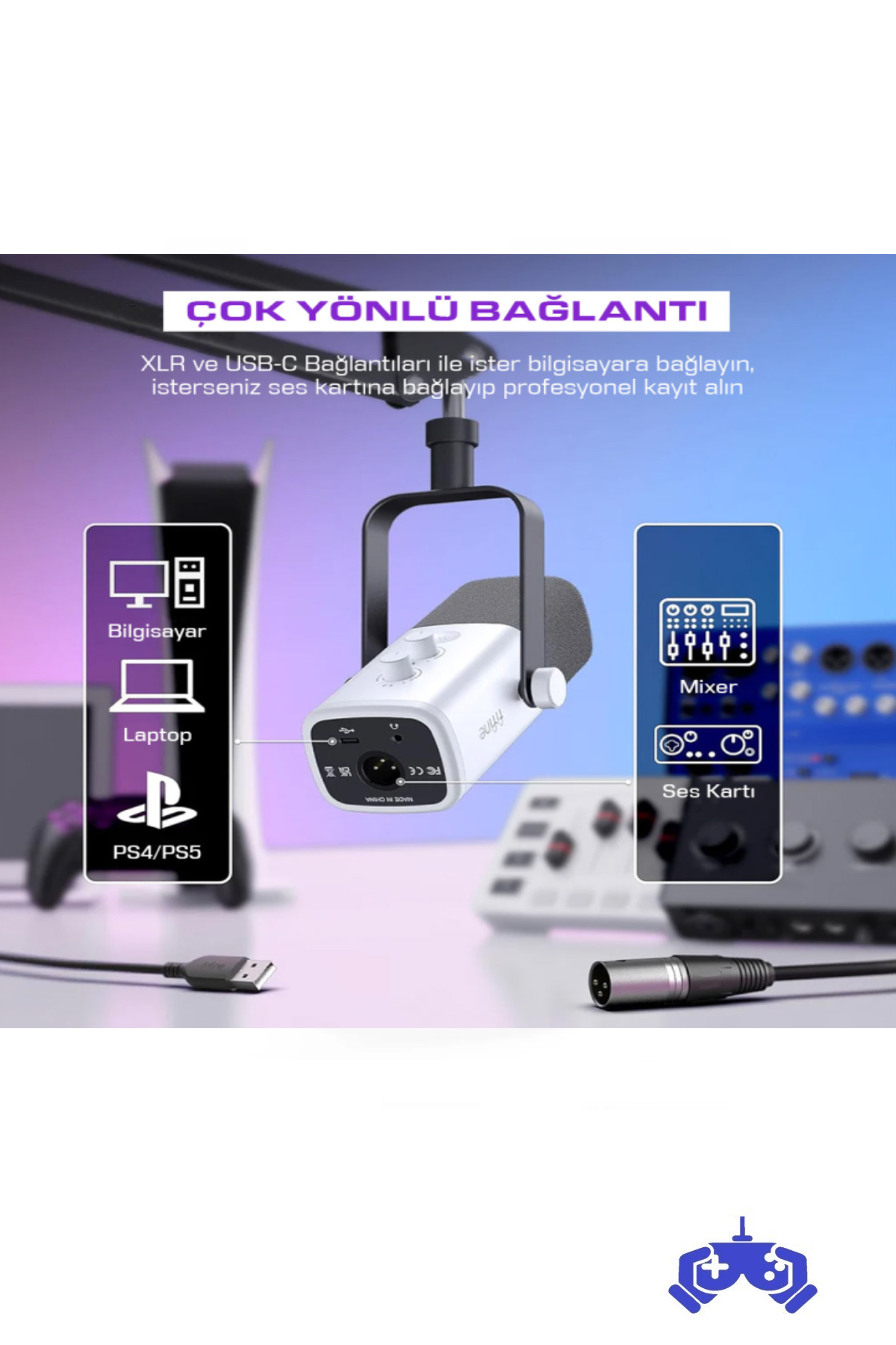 Fifine Ampligame AM8-W Beyaz XLR USB RGB Dinamik Yayıncı Oyuncu Bilgisayar Mikrofonu