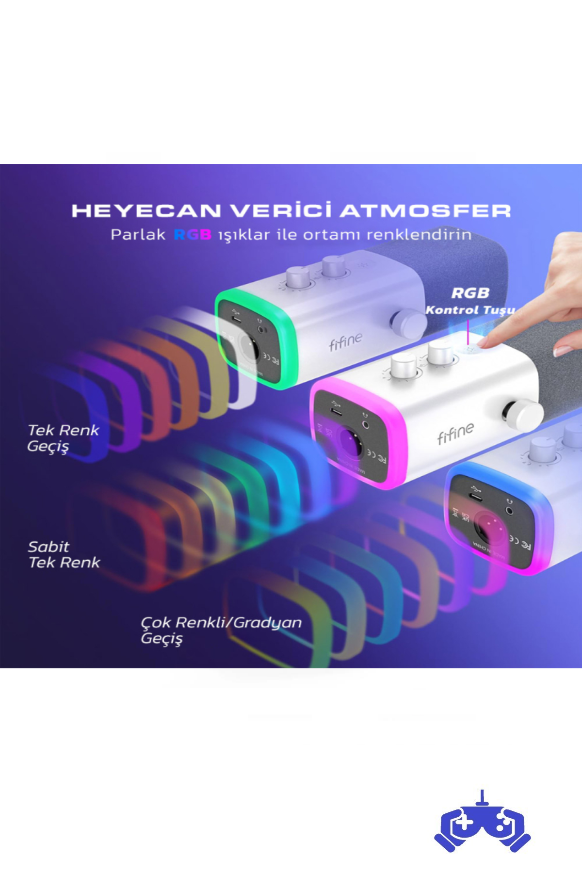 Fifine Ampligame AM8-W Beyaz XLR USB RGB Dinamik Yayıncı Oyuncu Bilgisayar Mikrofonu