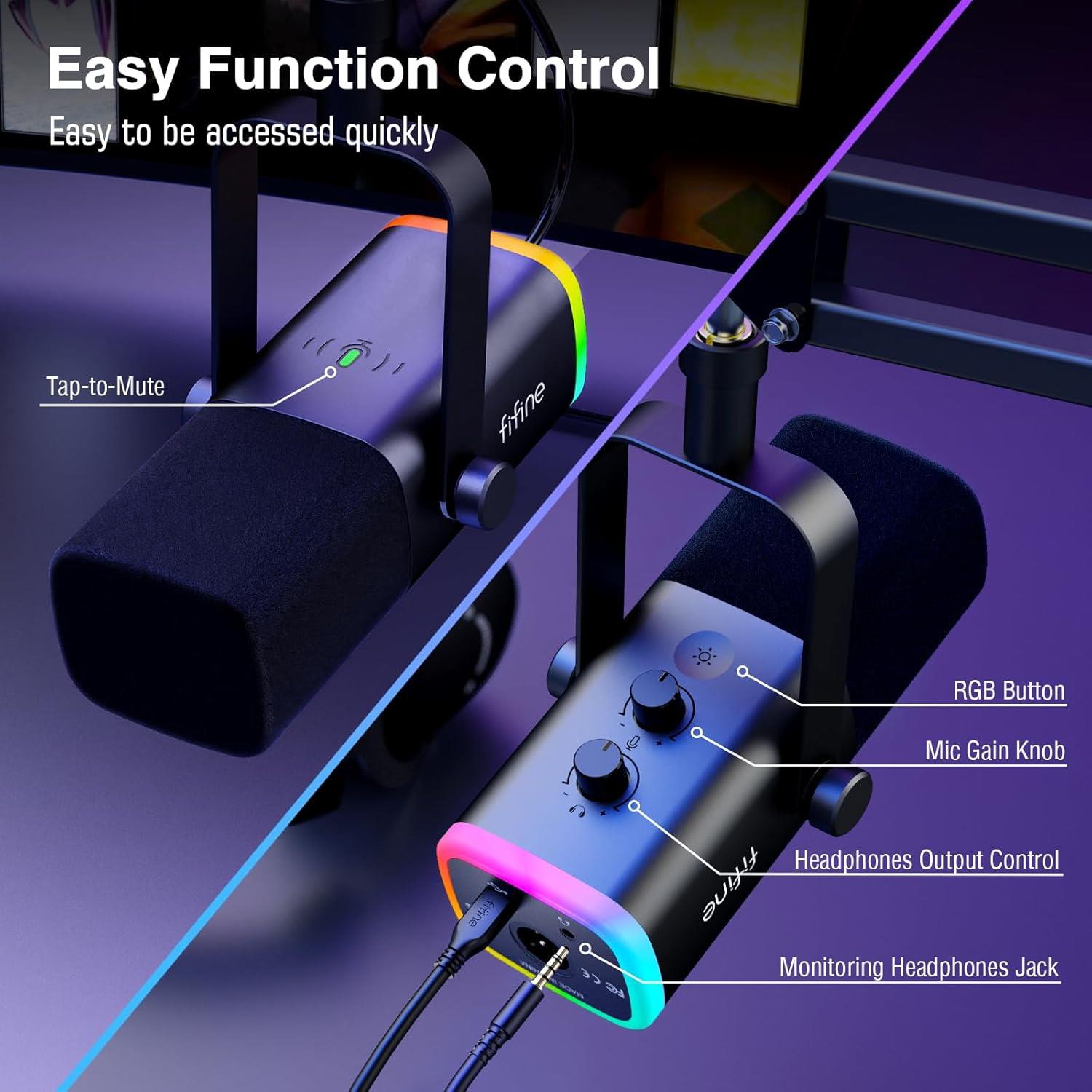 Fifine Ampligame AM8T Bilgisayar Oyuncu XLR USB RGB Dinamik Yayıncı Mikrofon Seti