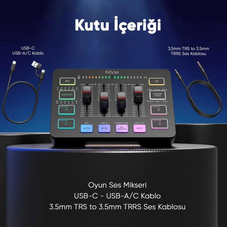 Fifine SC3 USB Stüdyo Kayıt Ses Kartı - Efektli Canlı Yayın Mikseri