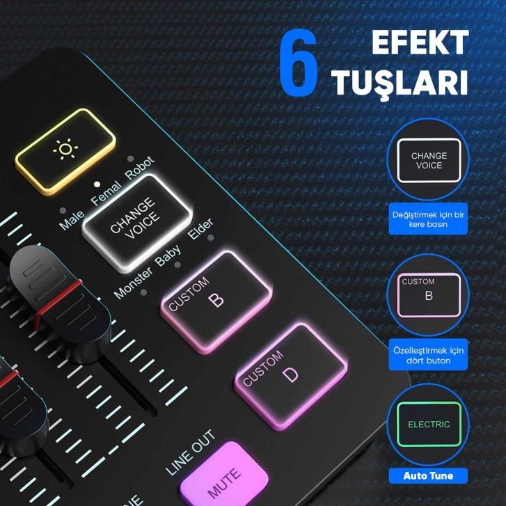 Fifine SC3 USB Stüdyo Kayıt Ses Kartı - Efektli Canlı Yayın Mikseri