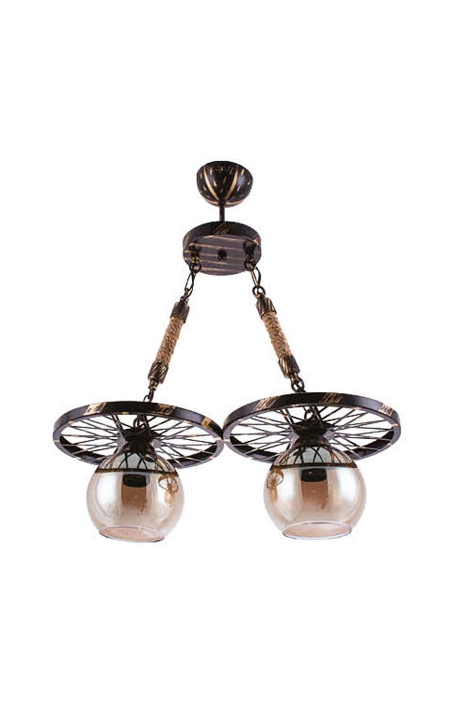 Retro Avize  2'Lü E27 Duy Siyah Patina Renk Metal Bal Camlı Sıralı Halatlı Retro Sarkıt Avize