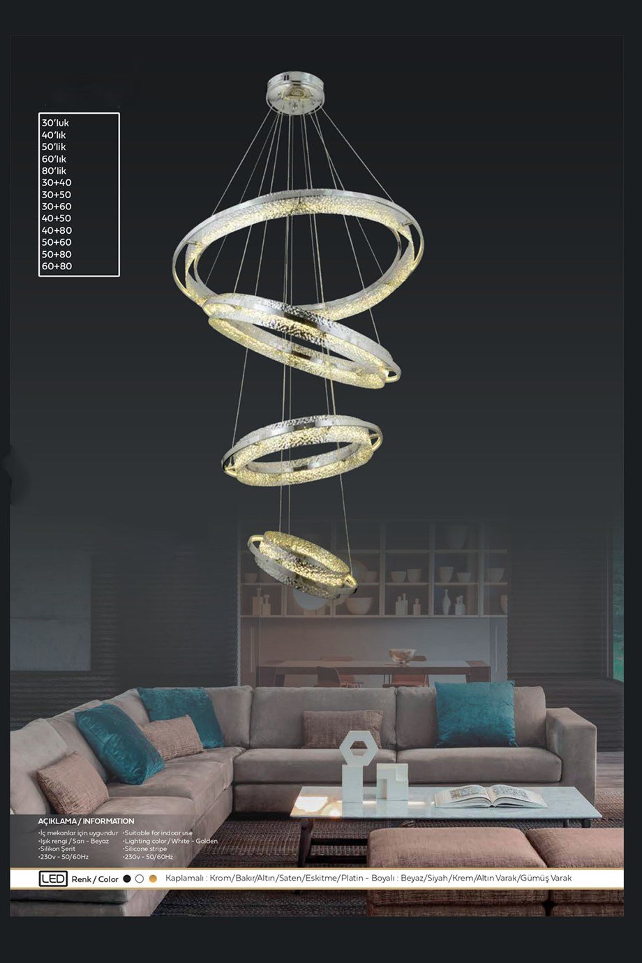 Ledli Avize  30+50+60+50'Lik Beyaz / Sarı Işık Led 4'Lü Sarkıt Avize