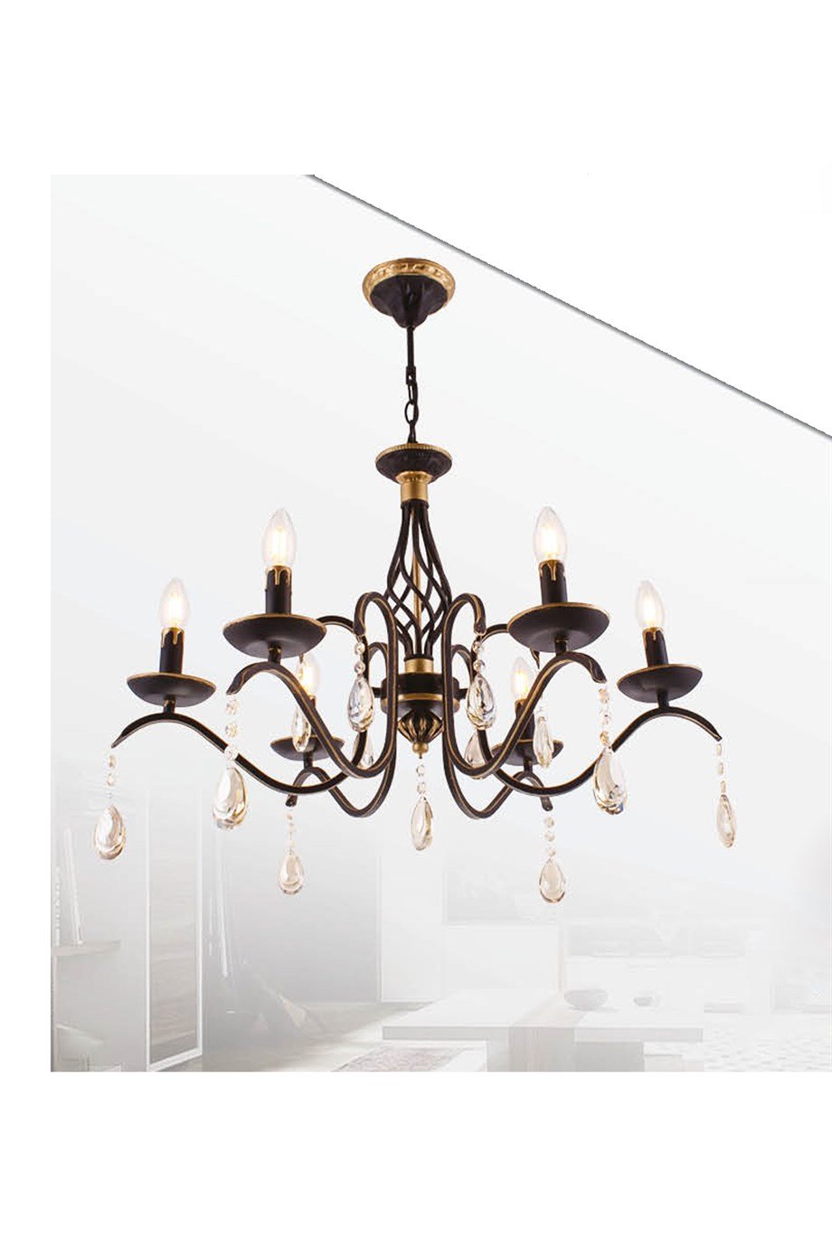 Kollu Avize  6 Kollu E14 Duy Siyah / Gold Eskitme Kristal Taş İle Dekore Edilmiş Sarkıt Kollu Avize