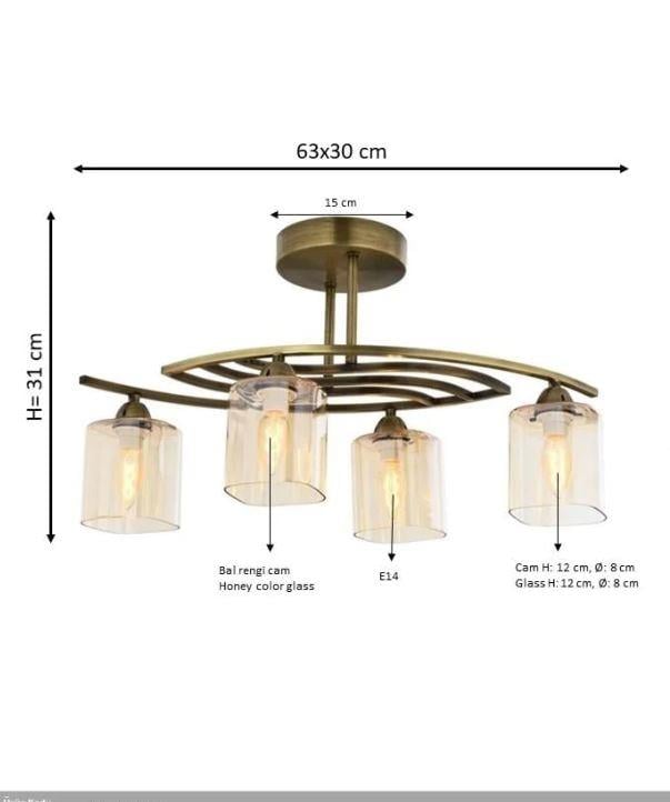 Modern Avize  Ürün Adı: AVONNI AV-1374-4E Eskitme Kaplama Modern Avize E14 Metal Cam 63x30cm  Ürün Kodu: AV-1374-4E  Aile Kodu: 1374  Kategori: Modern Avize  Yükseklik: 31cm  Genişlik: 63cm  Derinlik: 30cm  Ampül Türü: 4 x E14 Max.16W - Ampüller ürüne dahil değildir.  Eskitme Kaplama Plafonyer Avize-4 Ampullü