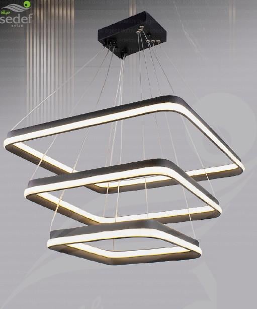 Ledli Avize  Modern 3’lü Kare LED Avize Siyah | Sarkıt Lüks Salon Avizesi Modern 3'lü Kare Halkalı LED Sarkıt Avize
