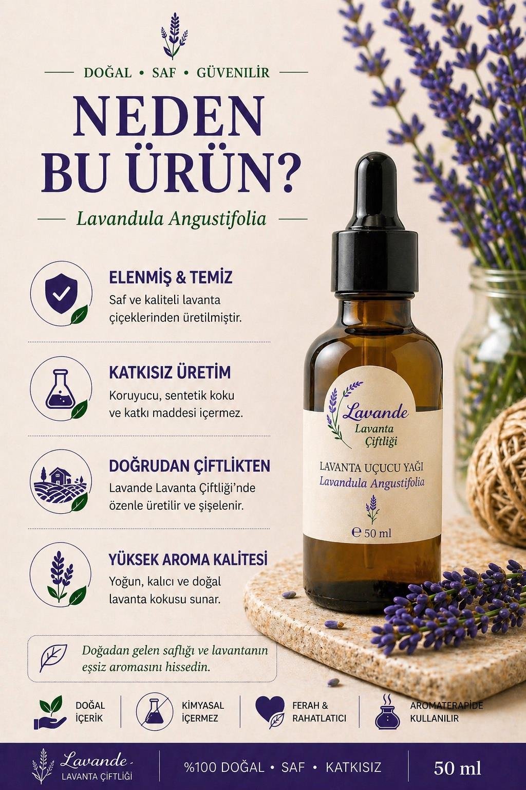 Lavanta Yağı (L. Angustifolia) 50ml-Cam Damlalıklı