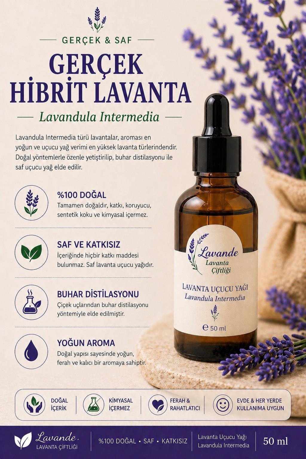 Lavanta Yağı (L. İntermedia) 50ml-Cam Damlalıklı