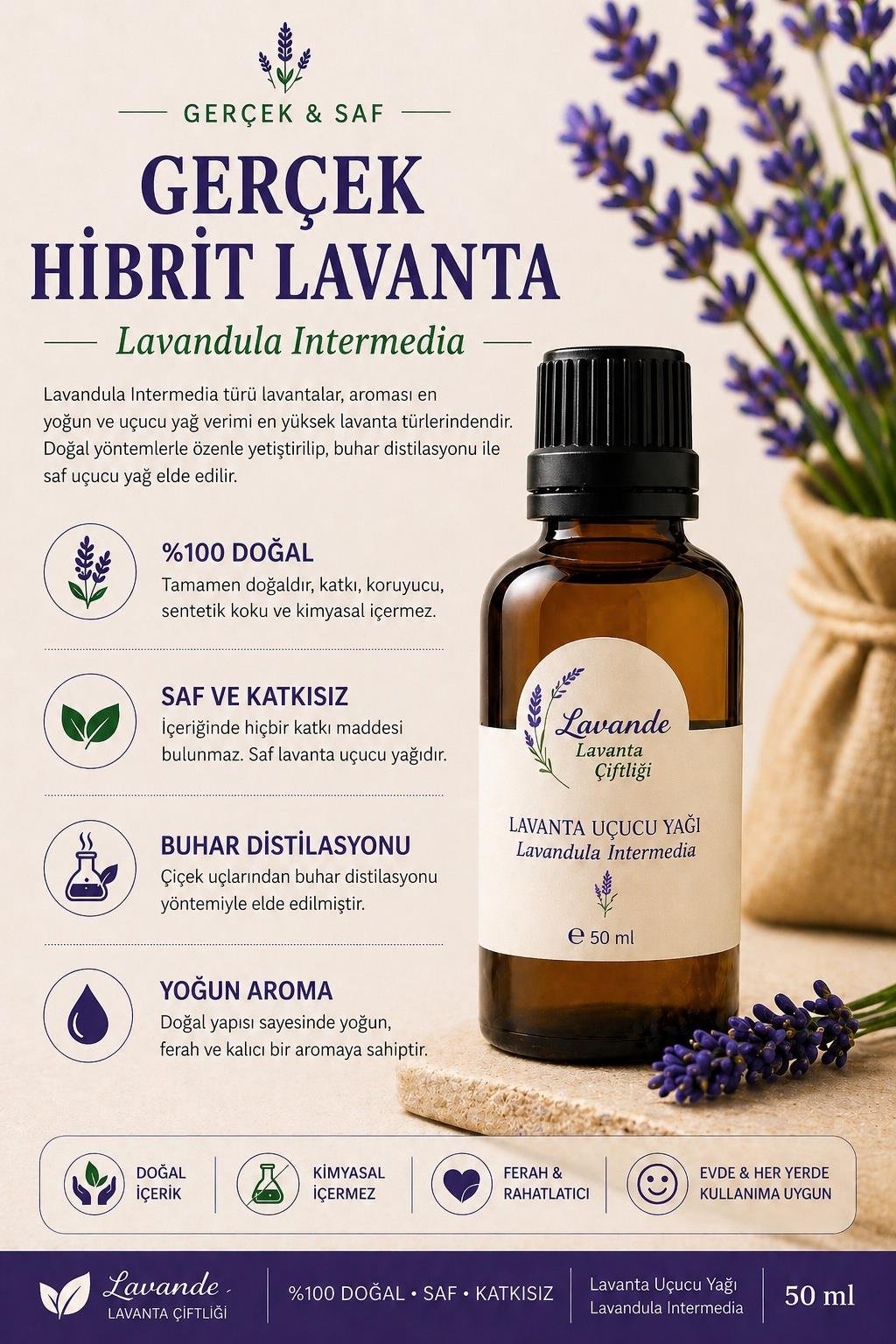 Lavanta Yağı (L. İntermedia) 50ml-İçten Damlalıklı