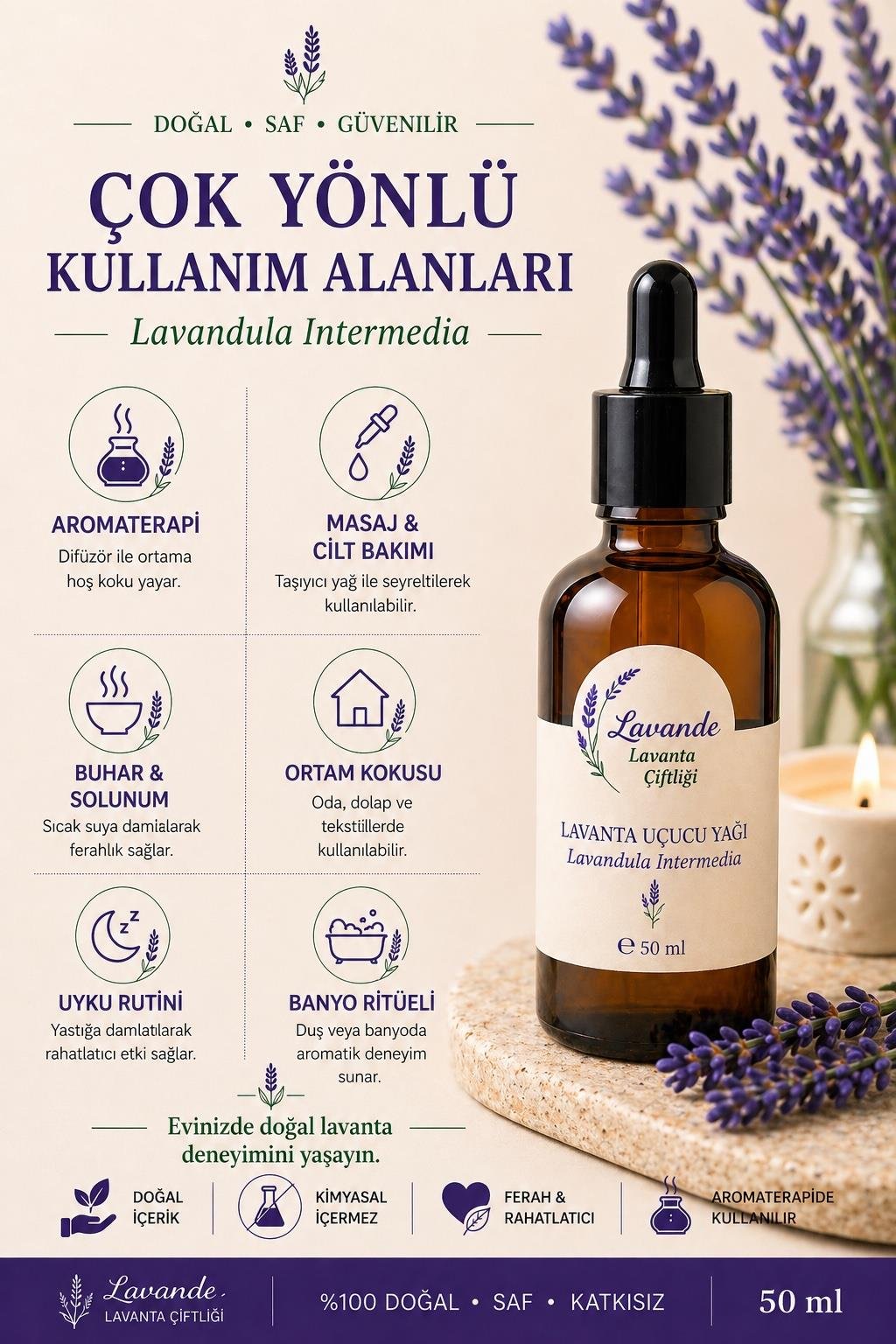 Lavanta Yağı (L. İntermedia) 50ml-Cam Damlalıklı