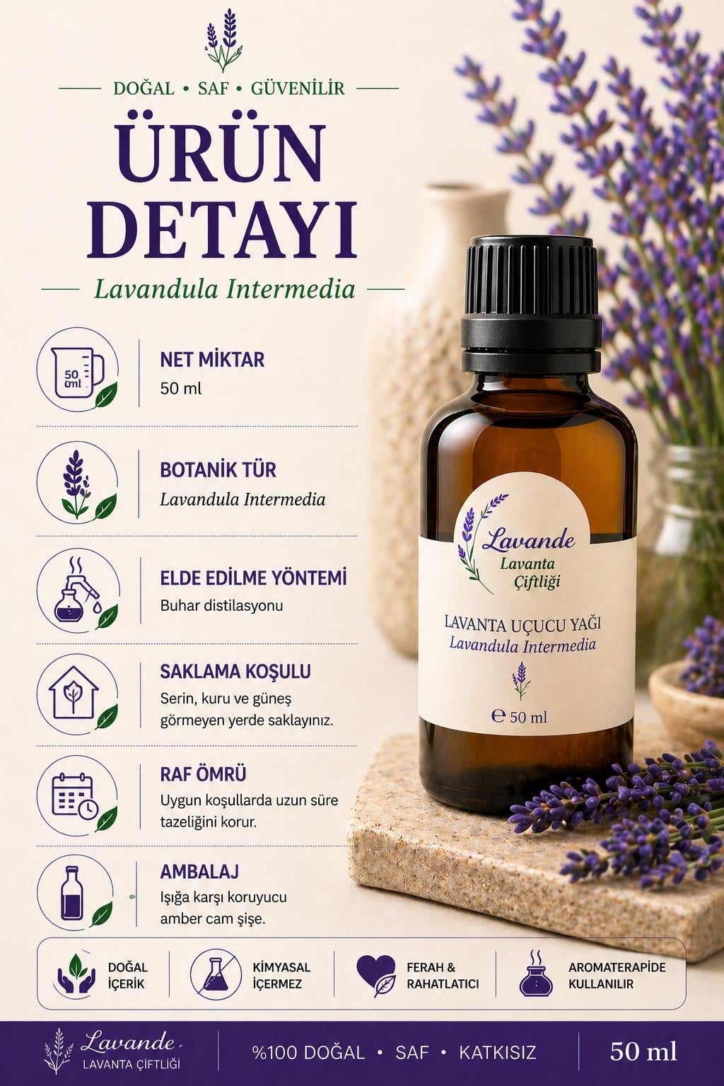 Lavanta Yağı (L. İntermedia) 50ml-İçten Damlalıklı