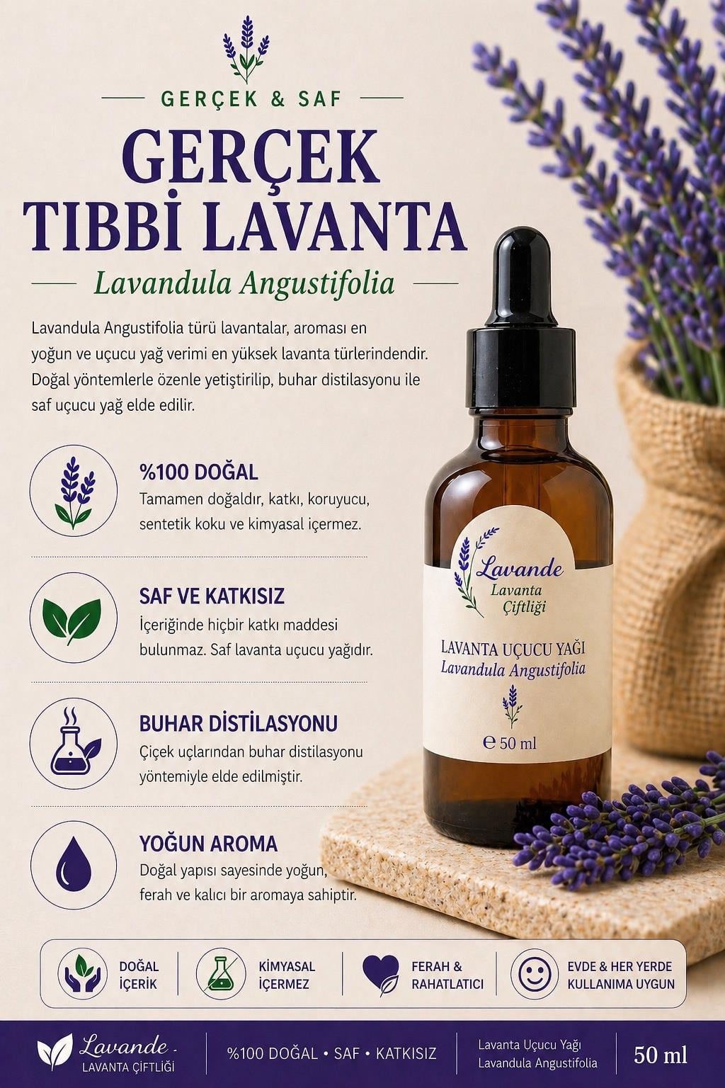 Lavanta Yağı (L. Angustifolia) 50ml-Cam Damlalıklı