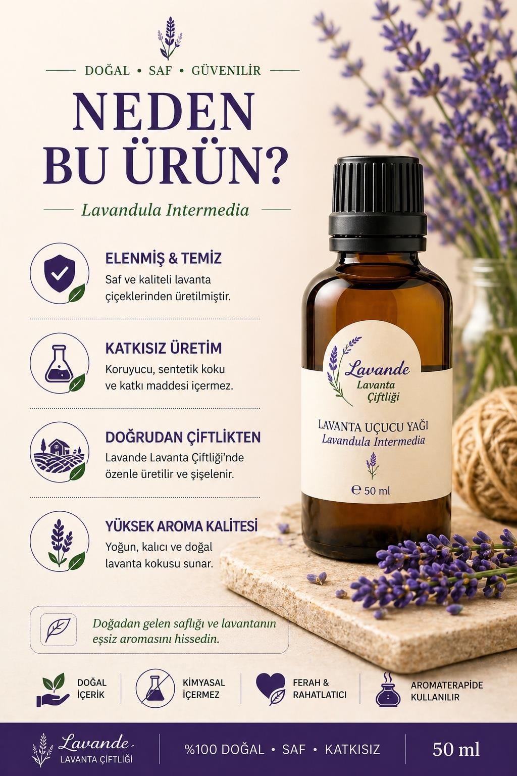 Lavanta Yağı (L. İntermedia) 50ml-İçten Damlalıklı
