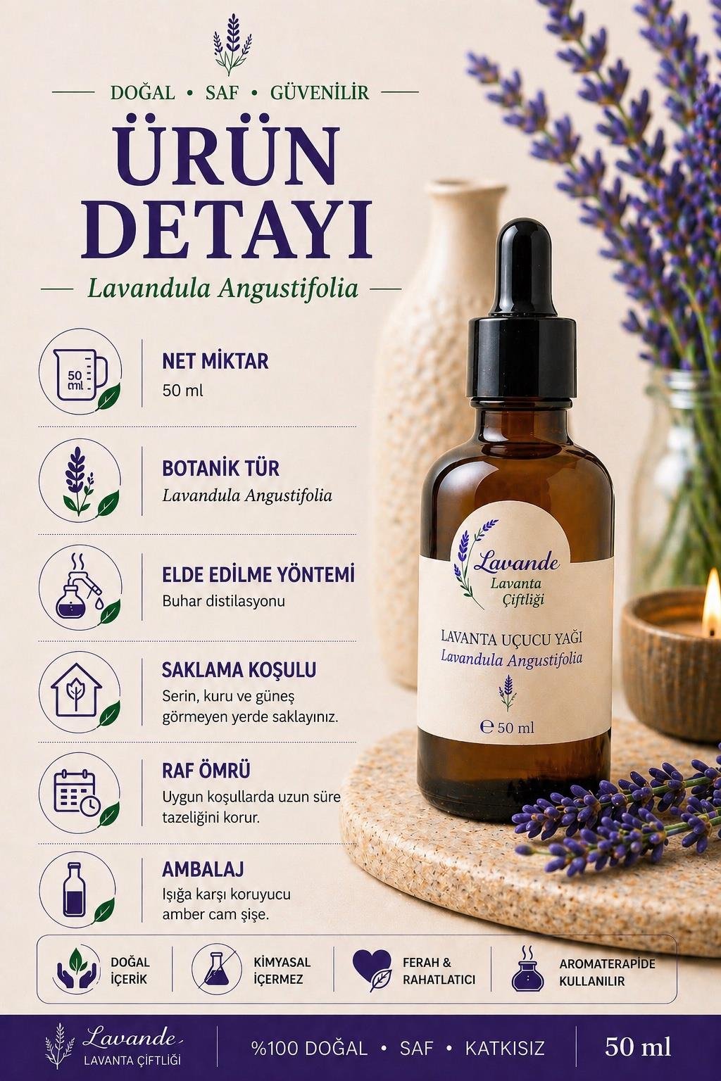 Lavanta Yağı (L. Angustifolia) 50ml-Cam Damlalıklı
