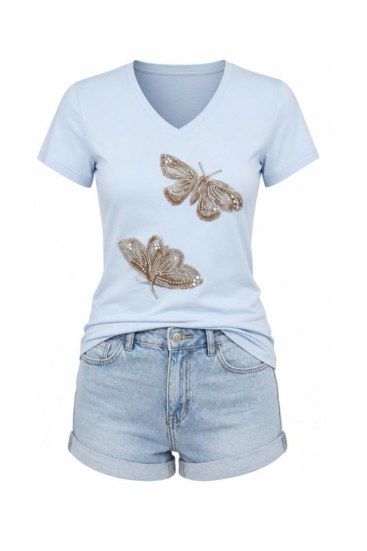 Butterfly Taş ve İnci İşlemeli V Yaka Pamuklu Kadın TişörtButterfly Pearl Taş ve İnci İşlemeli V Yaka %100 Pamuk Kadın TişörtTişörtİSTANGÜL BUTİK