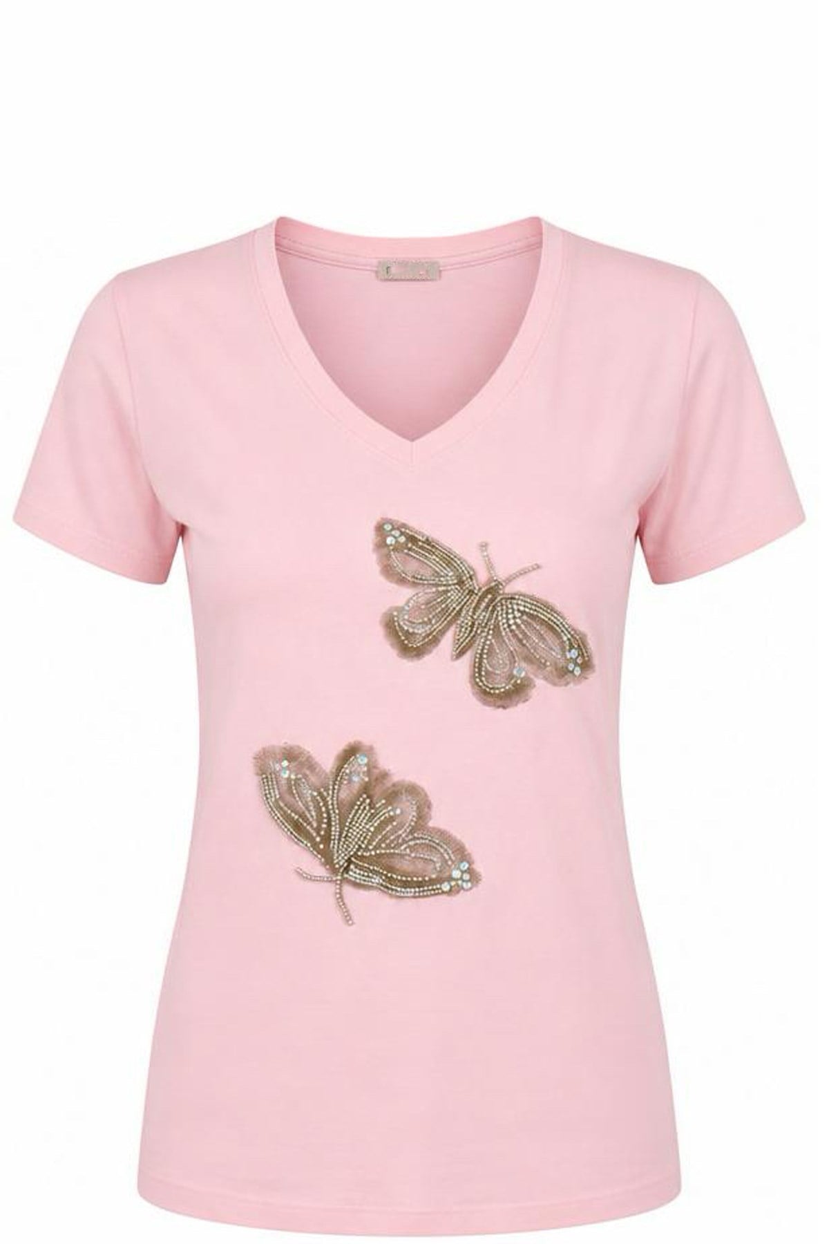 Butterfly Taş ve İnci İşlemeli V Yaka Pamuklu Kadın TişörtButterfly Pearl Taş ve İnci İşlemeli V Yaka %100 Pamuk Kadın TişörtTişörtİSTANGÜL BUTİK