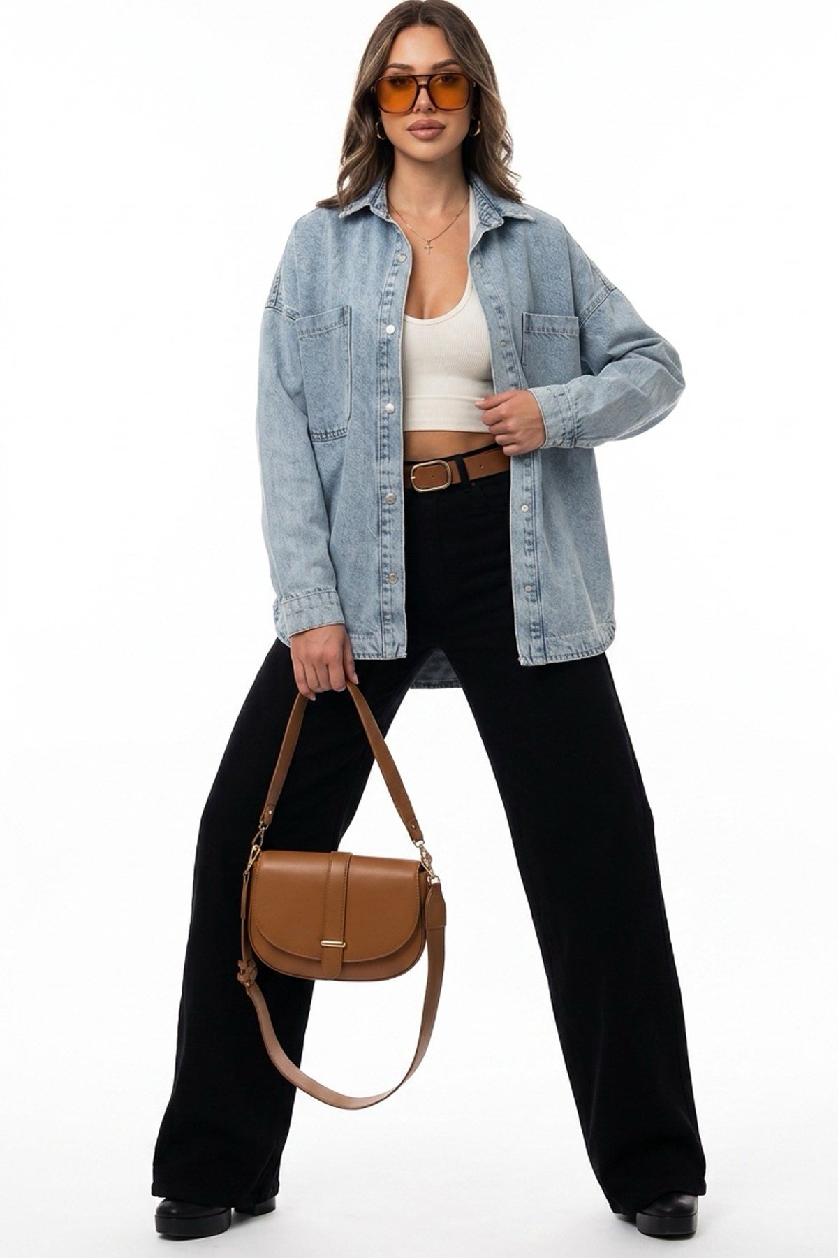Kadın Açık Mavi Oversize Kot Ceket Gömlek – Çift Torba Cepli Metal Çıtçıtlı Denim CeketCeketİSTANGÜL BUTİK
