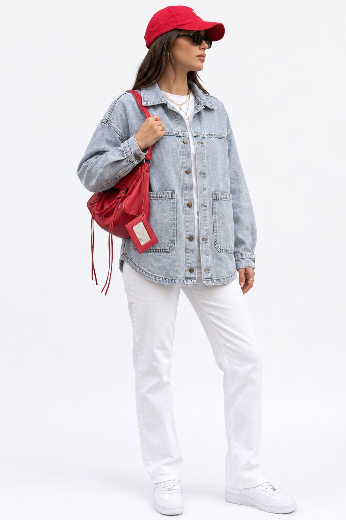 Kadın Açık Mavi Oversize Kot Ceket – Çift Torba Cepli Düğmeli Denim CeketCeketİSTANGÜL BUTİK