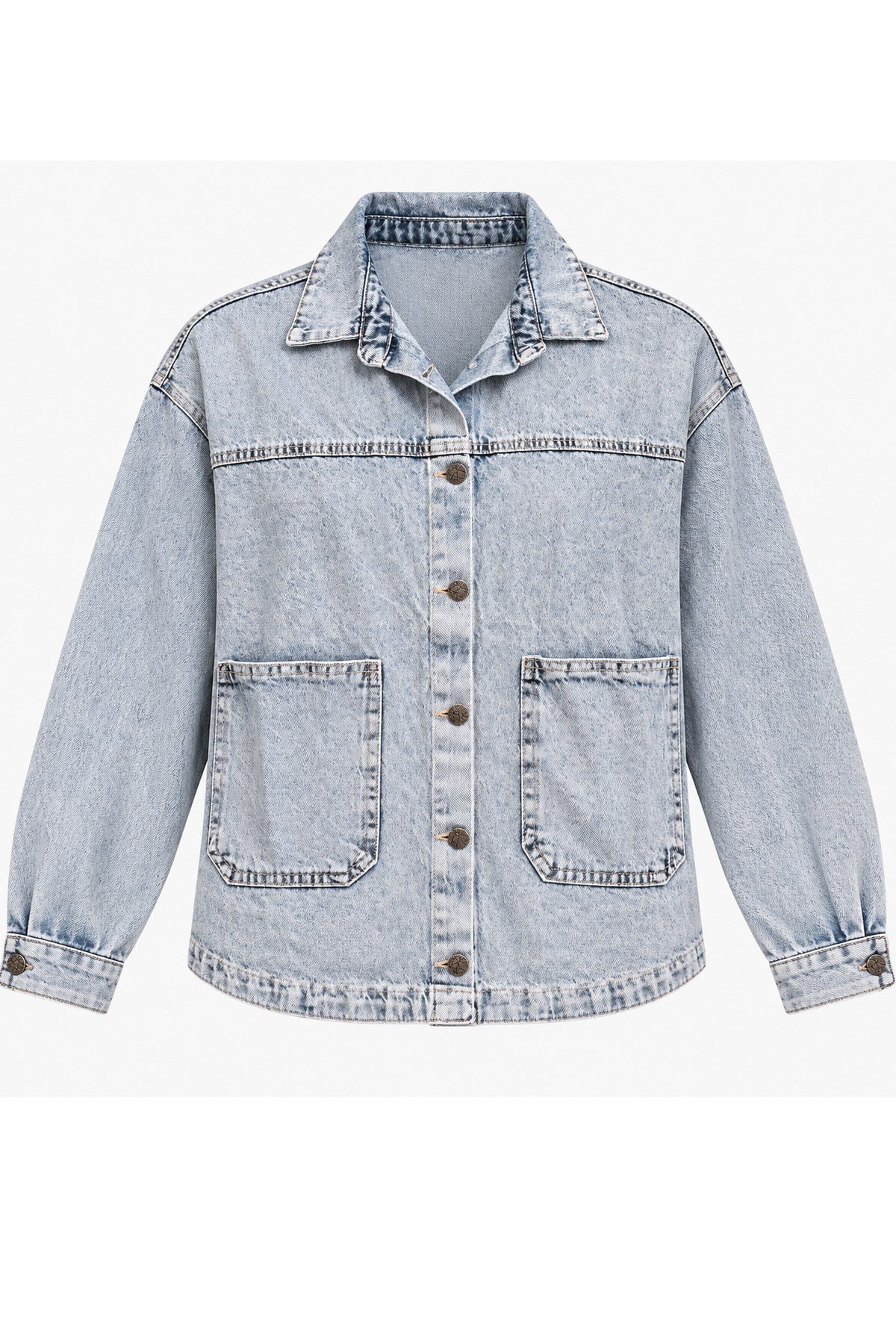 Kadın Açık Mavi Oversize Kot Ceket – Çift Torba Cepli Düğmeli Denim CeketCeketİSTANGÜL BUTİK