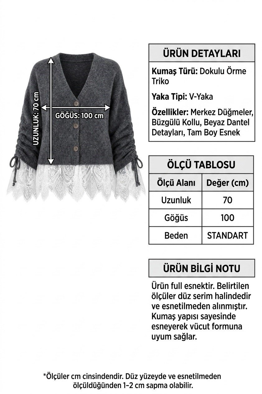 Dantel Detaylı Büzgü Kollu Triko Hırka – Etek Ucu Dantelli V Yaka Hırka - GriDantel Detaylı Büzgü Kollu Triko Hırka Gri V Yaka | İstangul ButikHırkaİSTANGÜL BUTİK