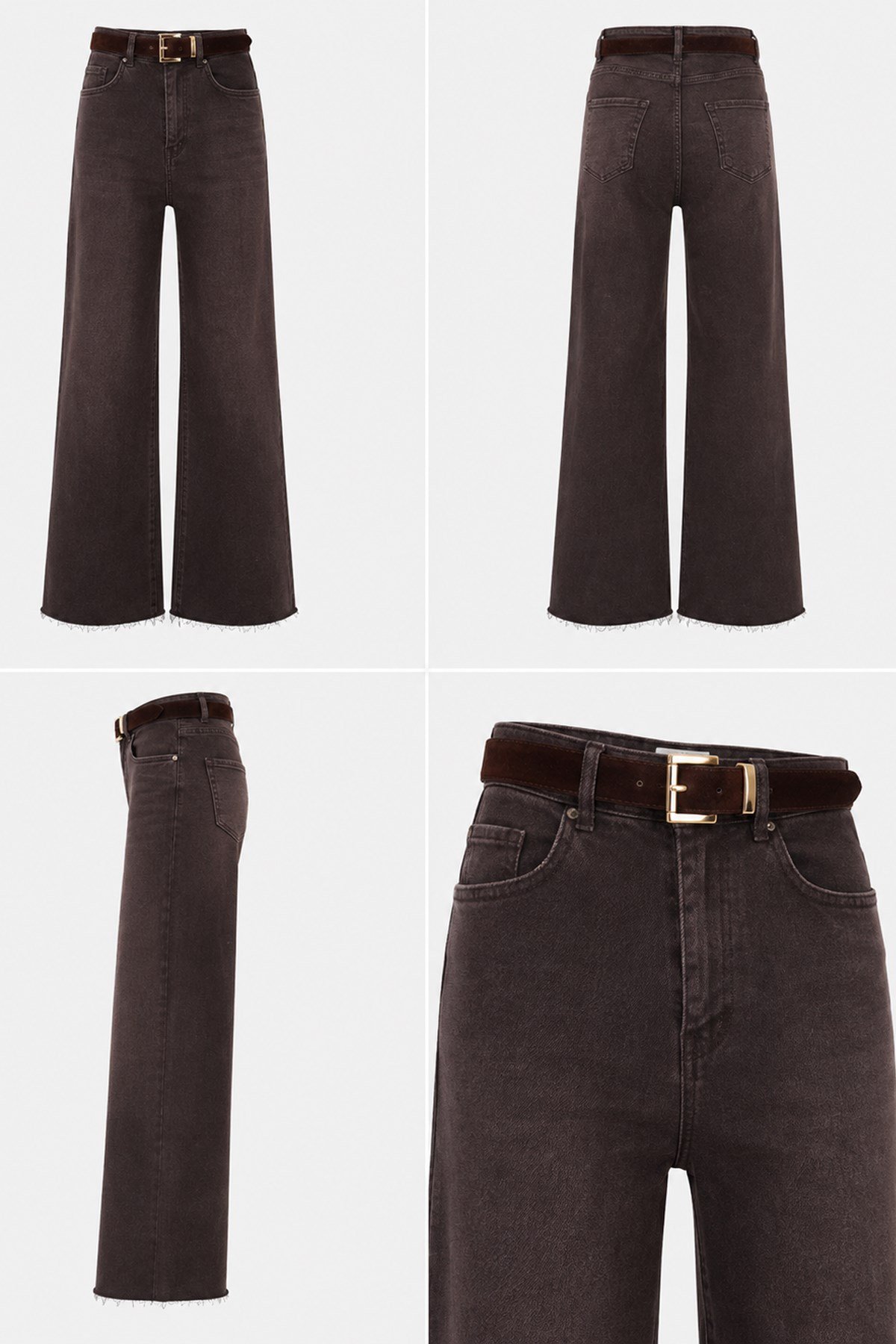 Kemerli Yüksek Bel Wide Leg Jean – Acı Kahve Wide Leg Denim PantolonJeanİSTANGÜL BUTİK