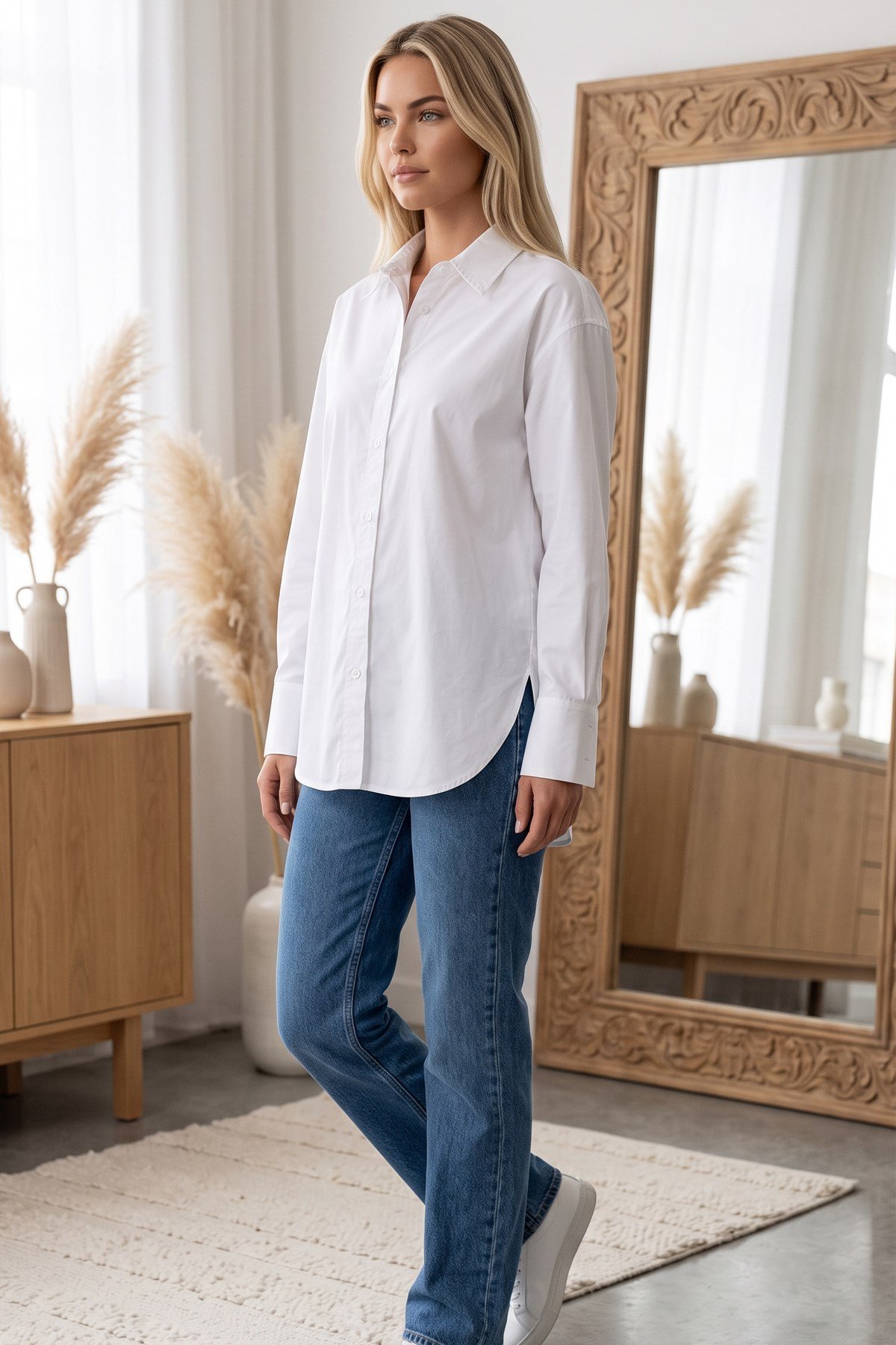 Kadın Likralı Oval Etek Uçlu Oversize GömlekKadın Pamuklu Likralı Oval Etek Uçlu Oversize GömlekGömlekİSTANGÜL BUTİK