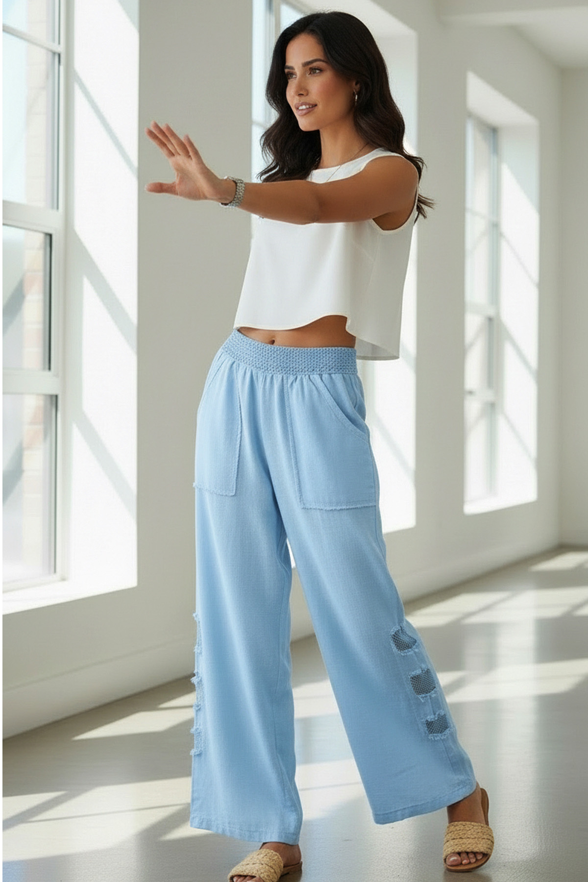 Mesh Grid Linen File Detay Bol Paça Keten PantolonPantolonİSTANGÜL BUTİK