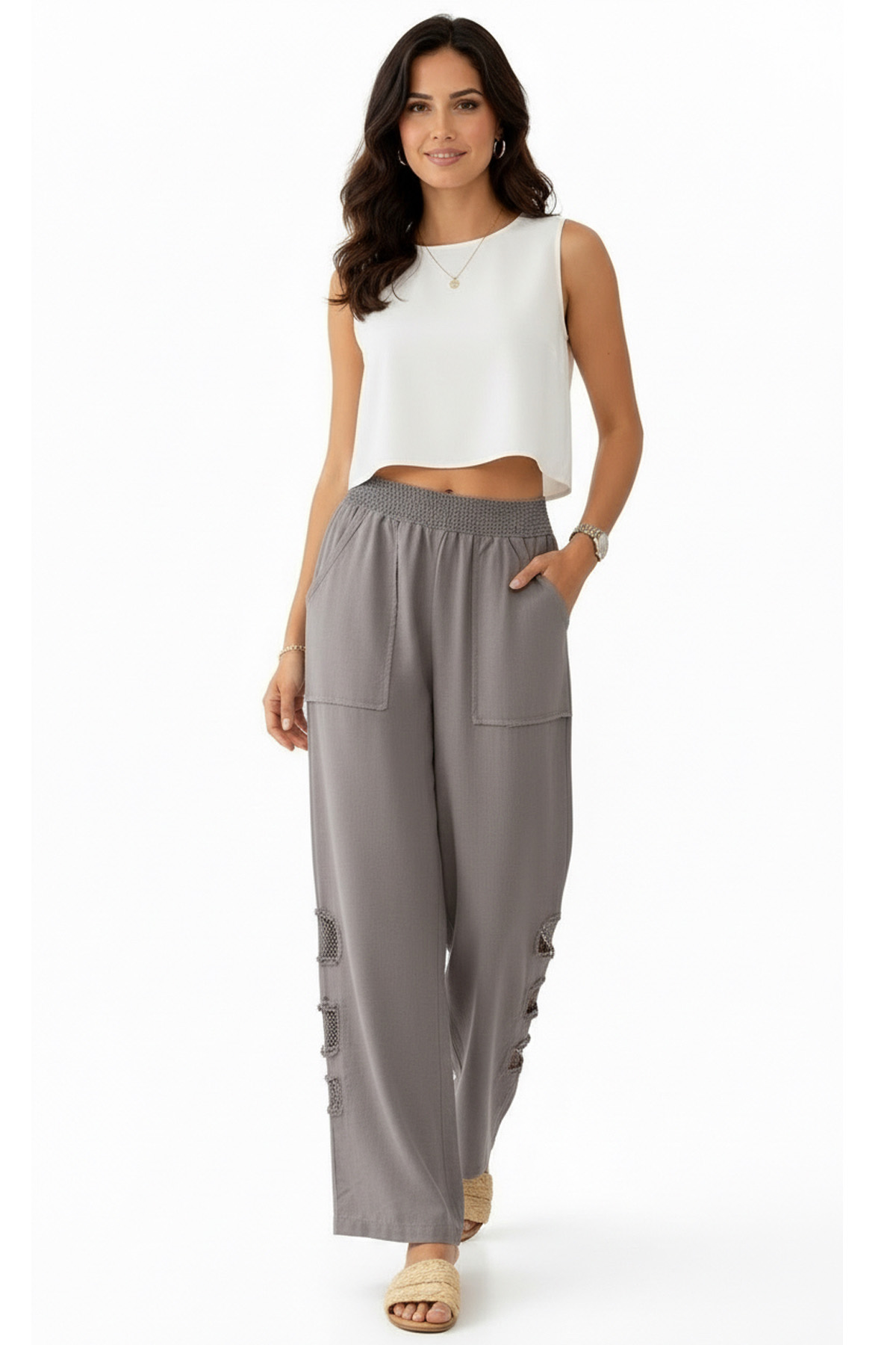 Mesh Grid Linen File Detay Bol Paça Keten PantolonPantolonİSTANGÜL BUTİK