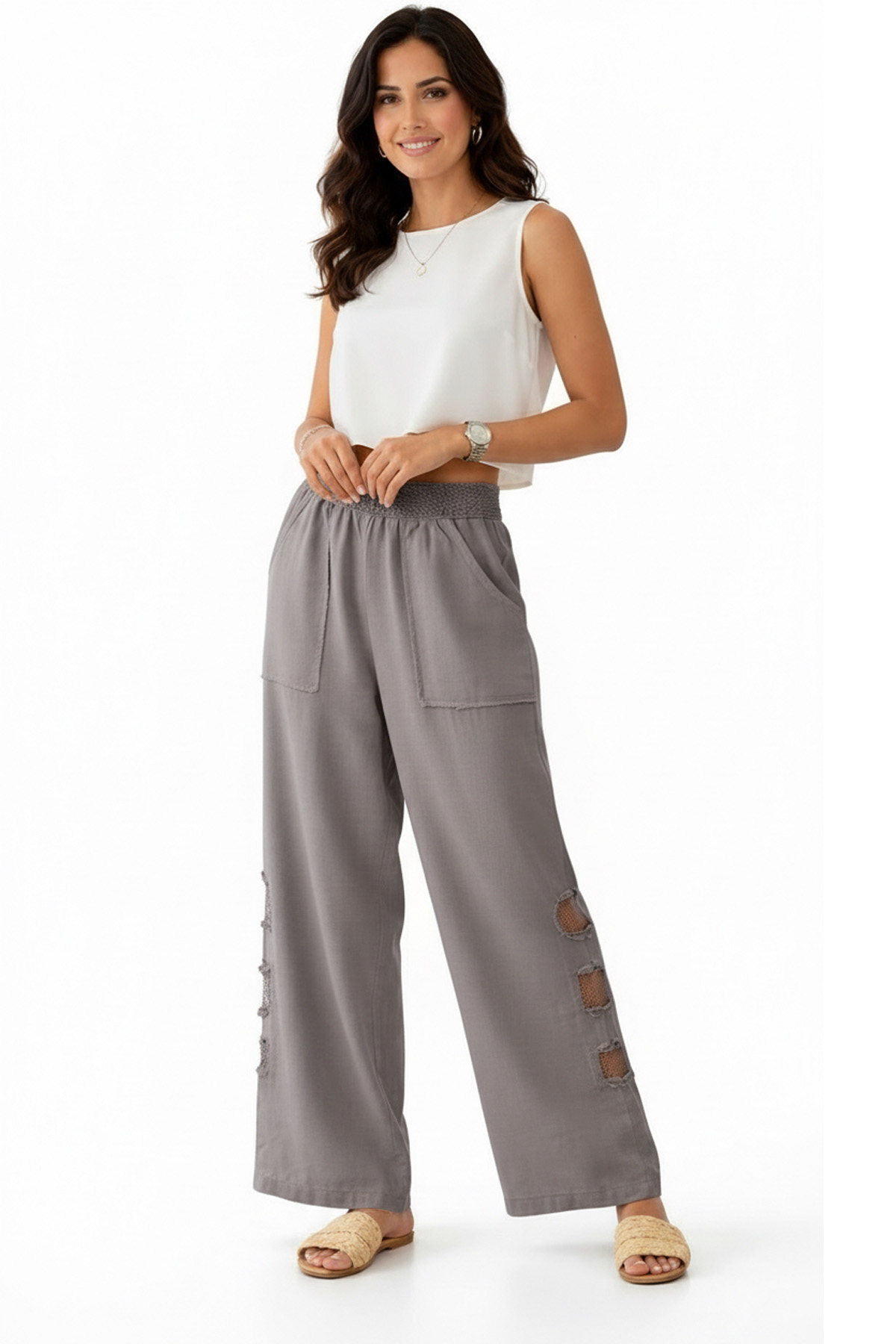 Mesh Grid Linen File Detay Bol Paça Keten PantolonPantolonİSTANGÜL BUTİK