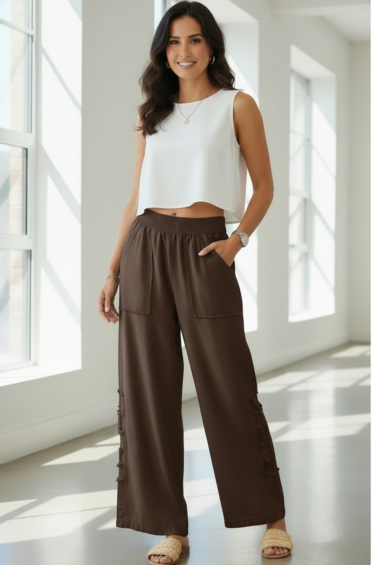 Mesh Grid Linen File Detay Bol Paça Keten PantolonPantolonİSTANGÜL BUTİK
