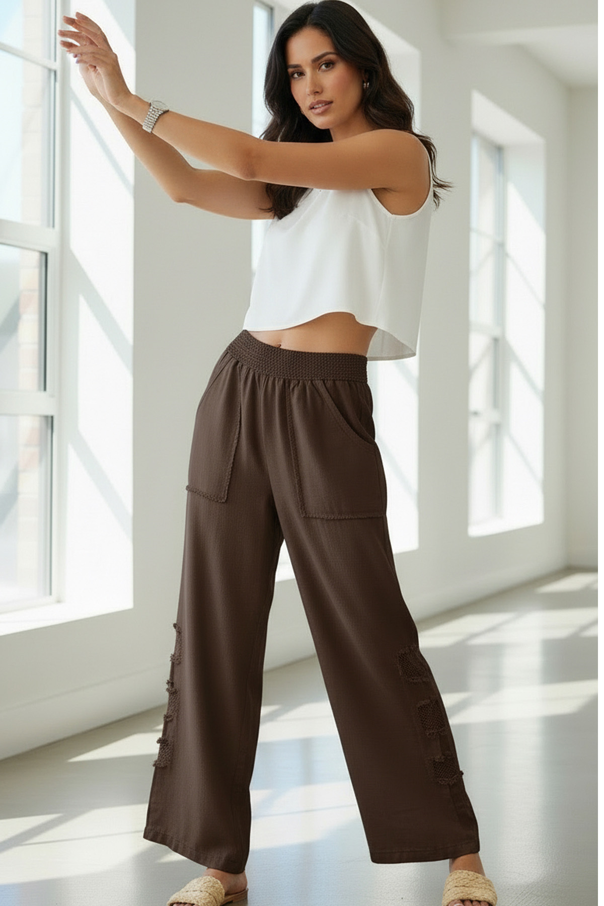 Mesh Grid Linen File Detay Bol Paça Keten PantolonPantolonİSTANGÜL BUTİK