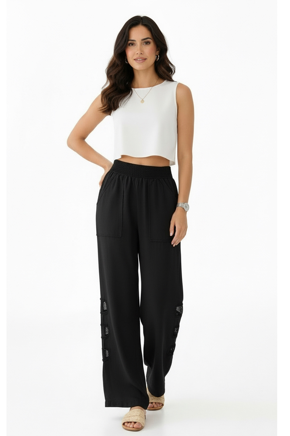 Mesh Grid Linen File Detay Bol Paça Keten PantolonPantolonİSTANGÜL BUTİK