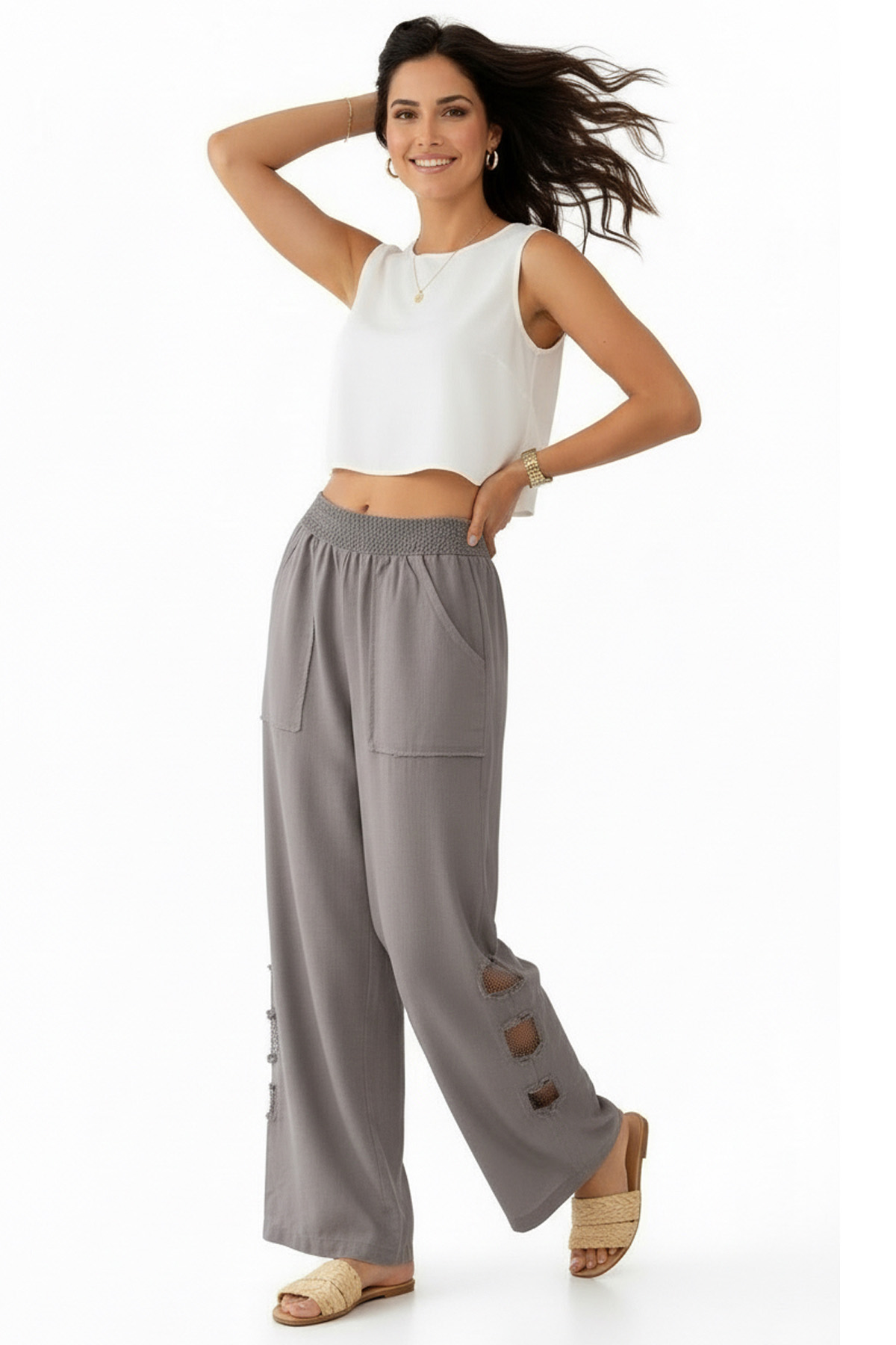 Mesh Grid Linen File Detay Bol Paça Keten PantolonPantolonİSTANGÜL BUTİK