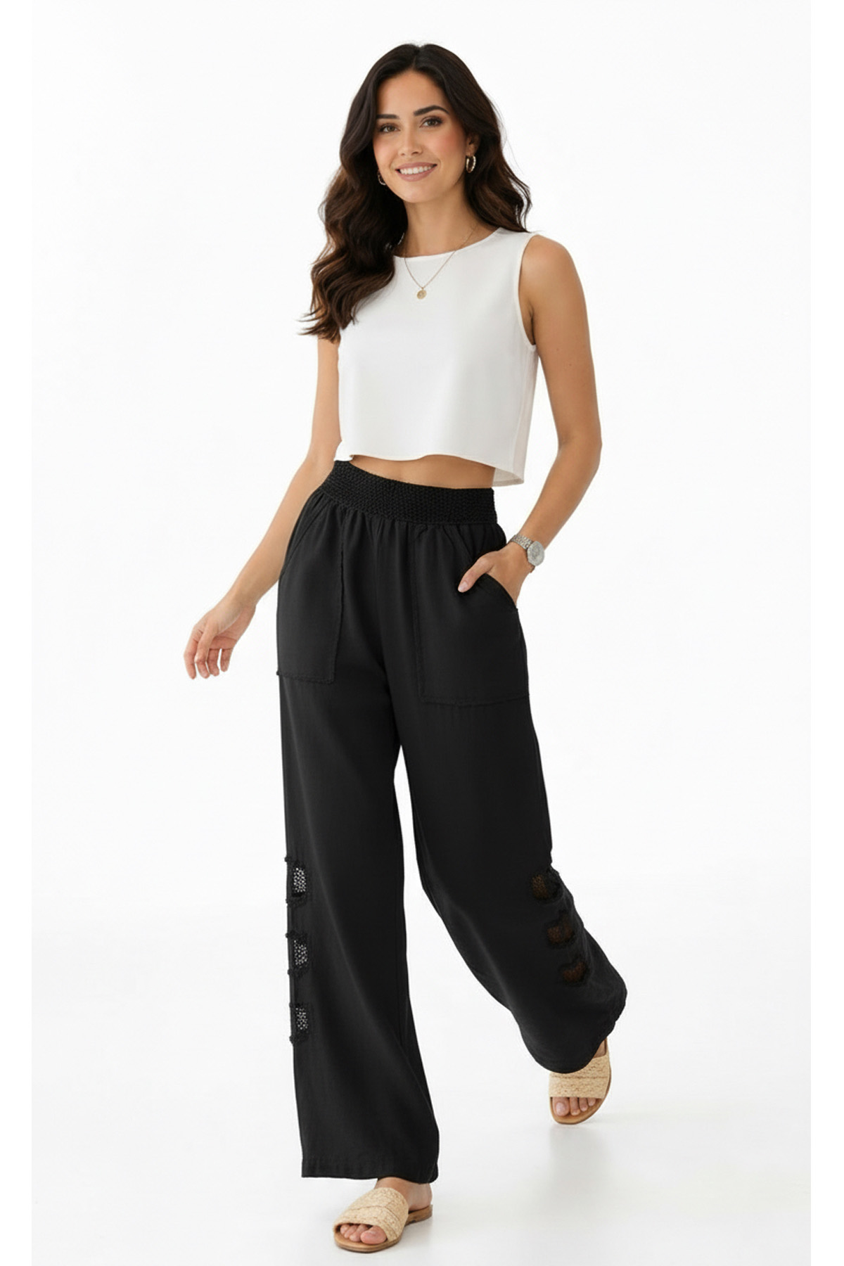 Mesh Grid Linen File Detay Bol Paça Keten PantolonPantolonİSTANGÜL BUTİK
