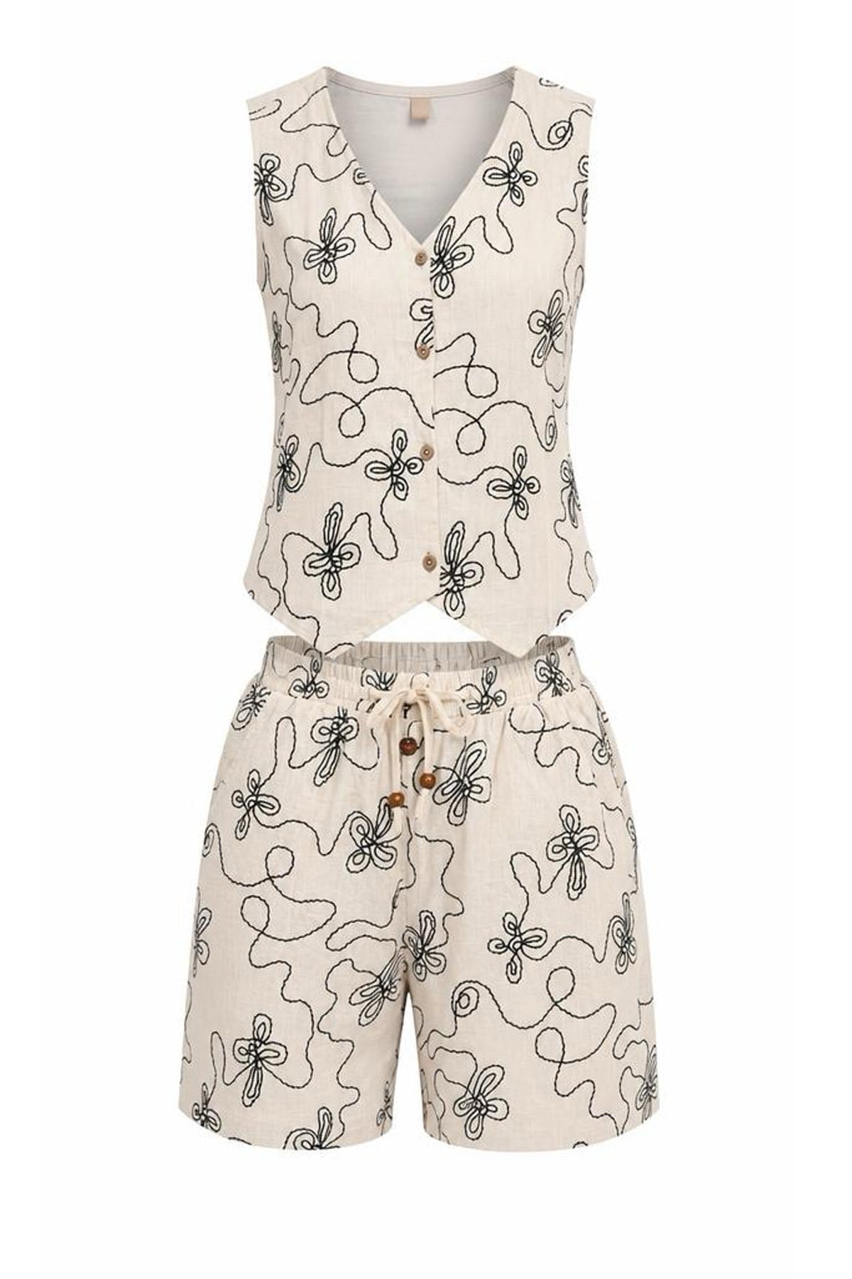 Kadın Nakışlı Keten Şortlu İkili TakımTAKIMİSTANGÜL BUTİK