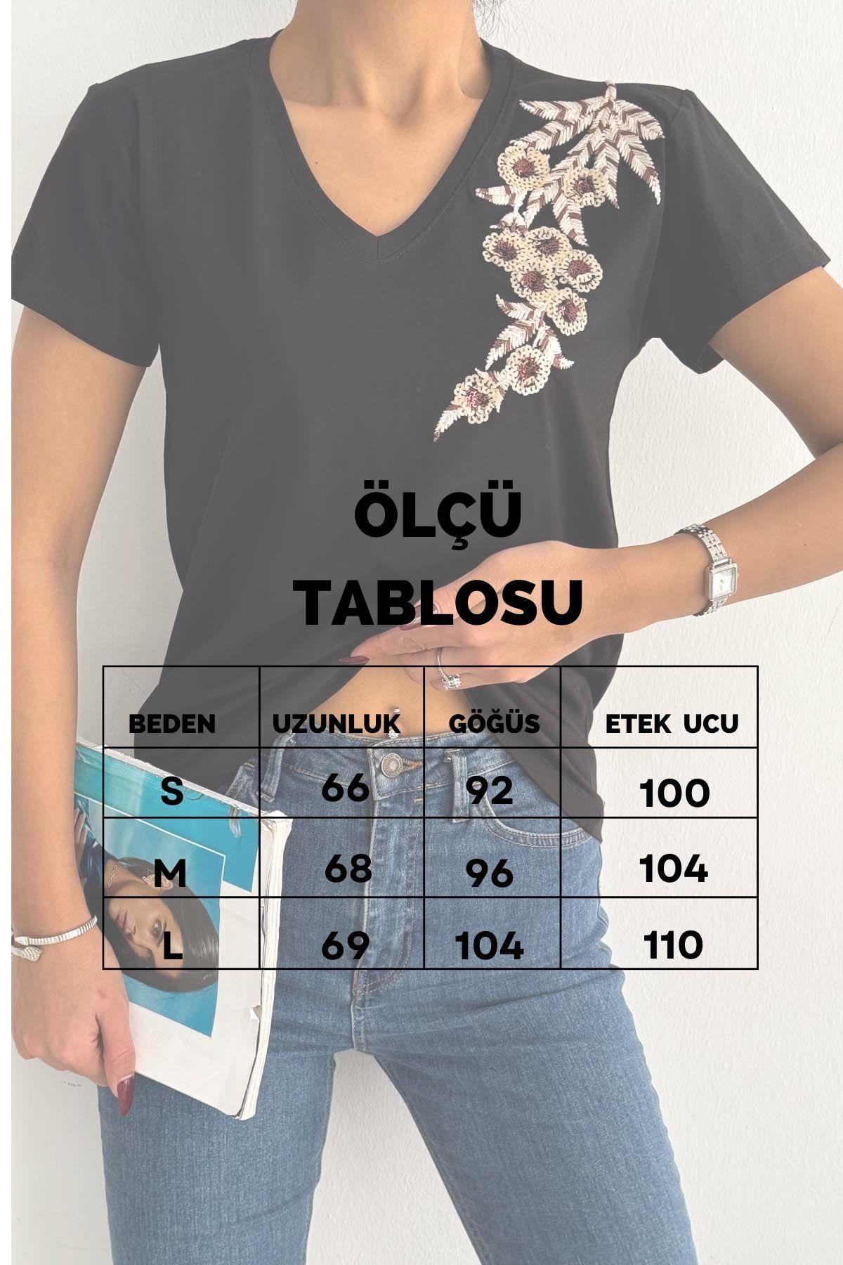 Tek Omuz Nakış ve Pul V Yaka Tasarım Tişört