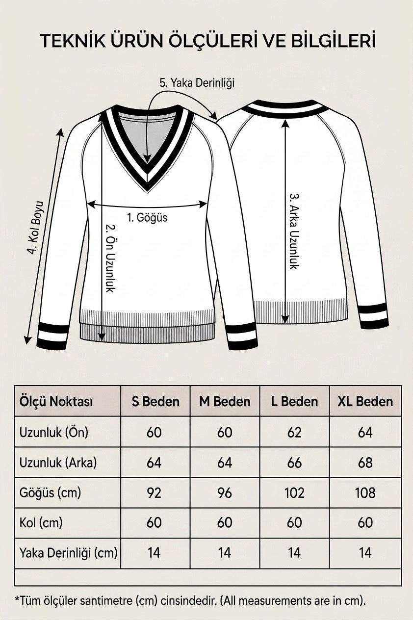Kadın V Yaka Kolej Yaka Triko Kazak – Şerit Detaylı Ve Manşet Biyo Desenli BluzTriko&KazakİSTANGÜL BUTİK