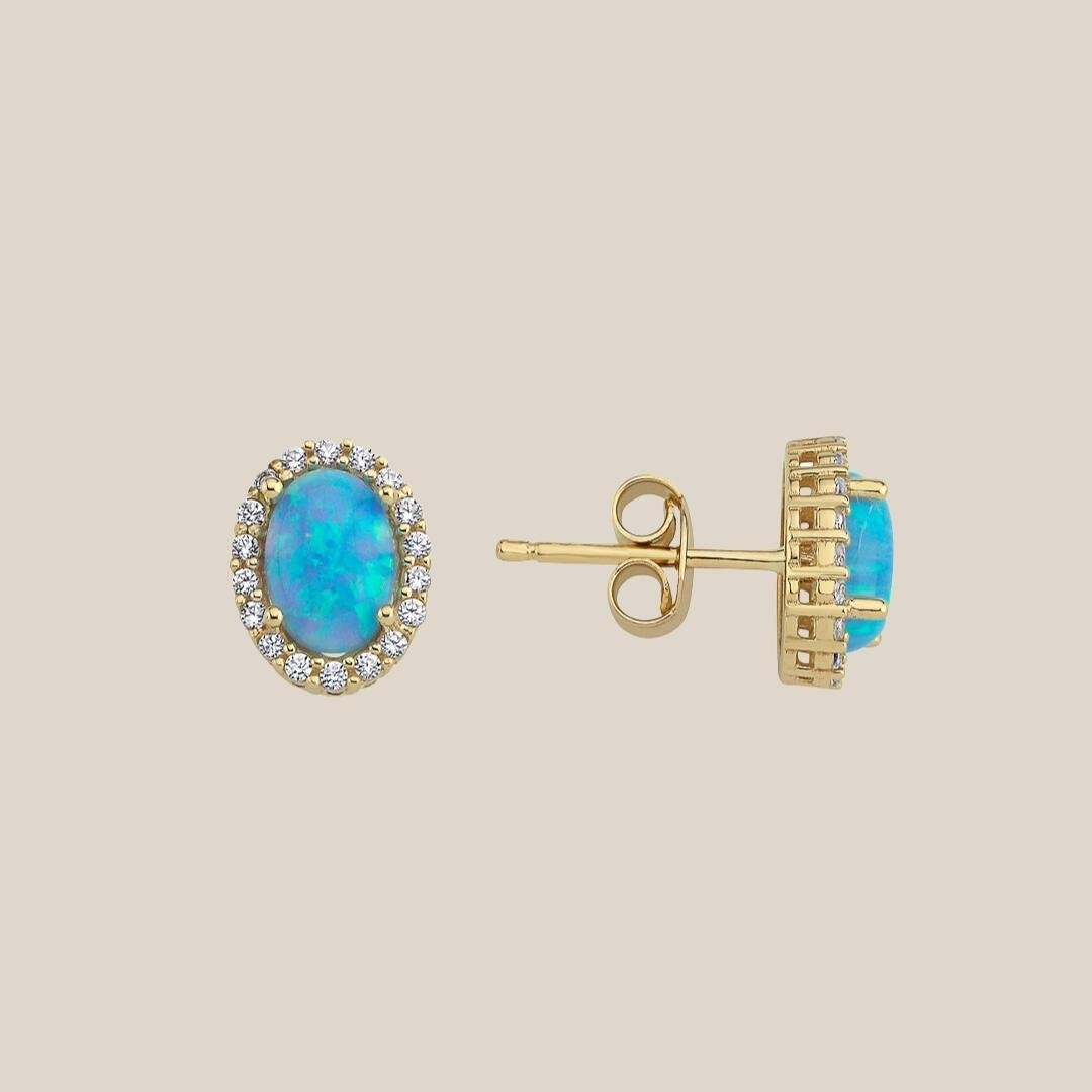 Oval Opal Taşlı Altın Küpe