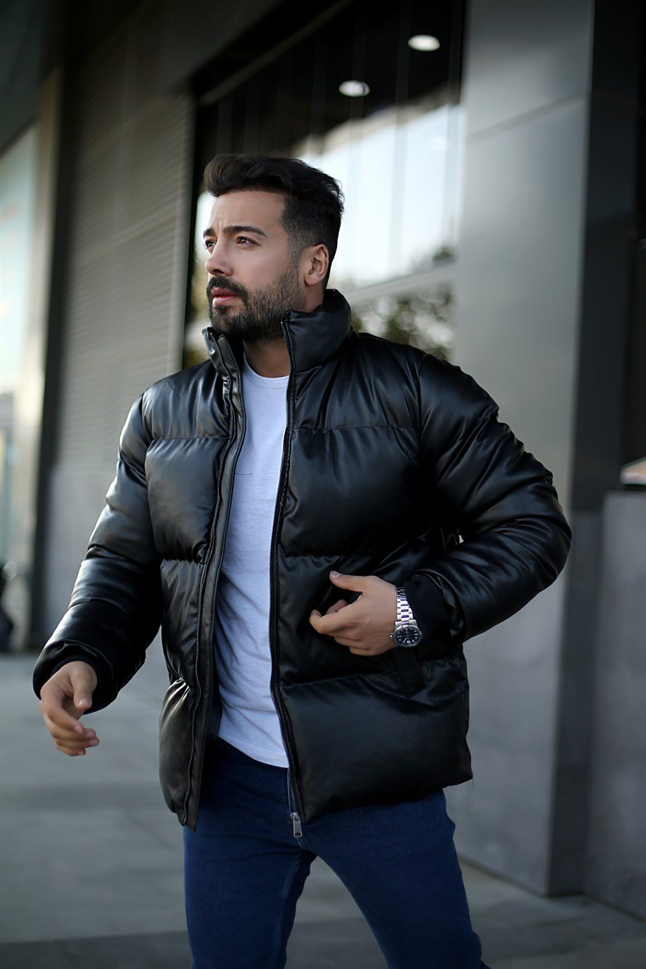 DERİ CEKETErkek Siyah Şişme Deri Mont VMS