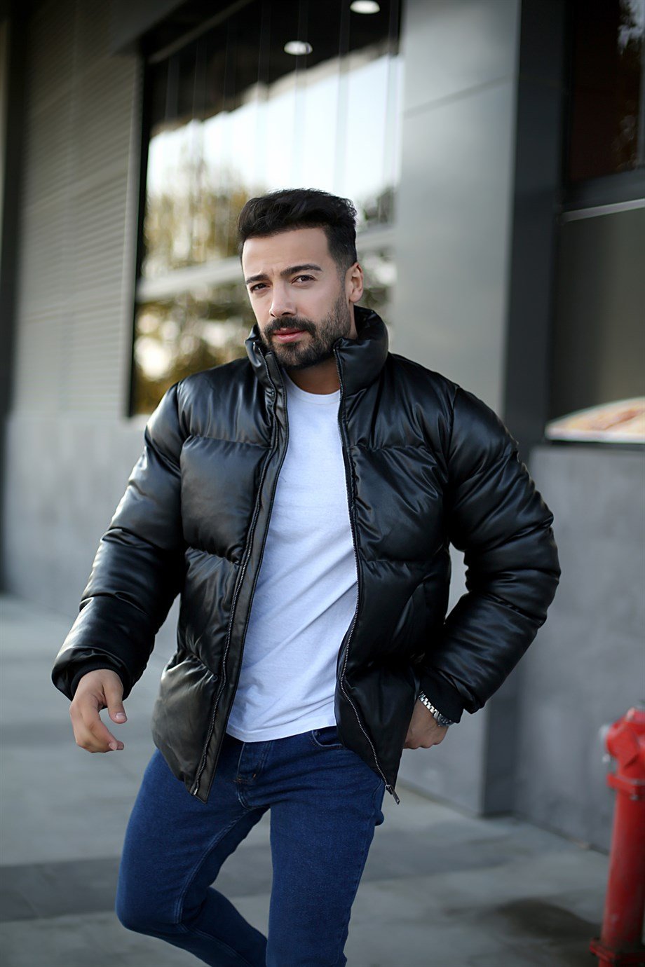 DERİ CEKETErkek Siyah Şişme Deri Mont VMS